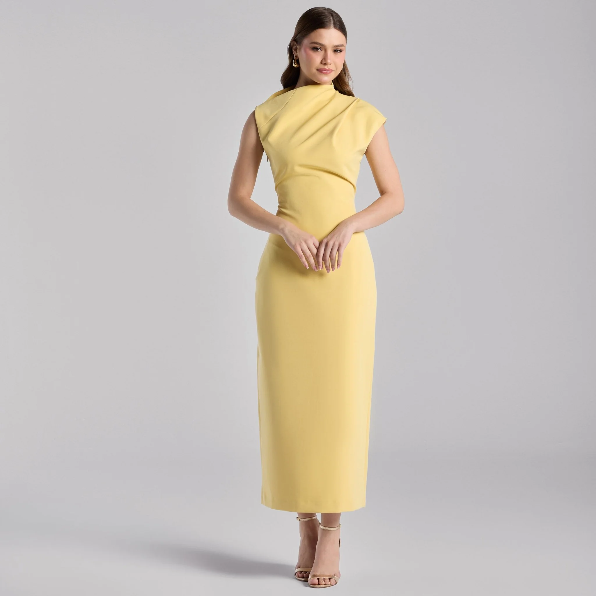 Yellow Draped Shoulder Short Sleeve Midi Dress