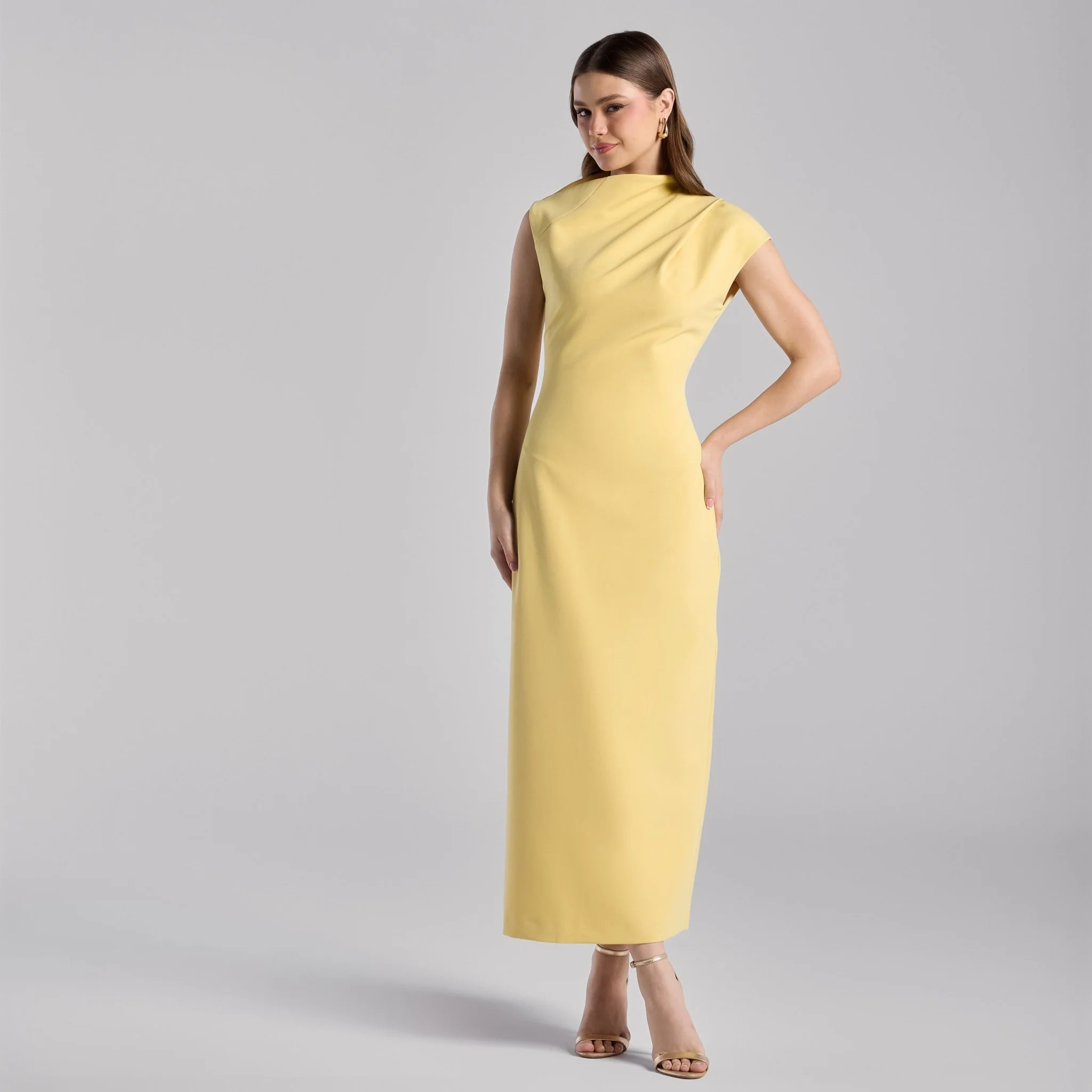 Yellow Draped Shoulder Short Sleeve Midi Dress - Image 2