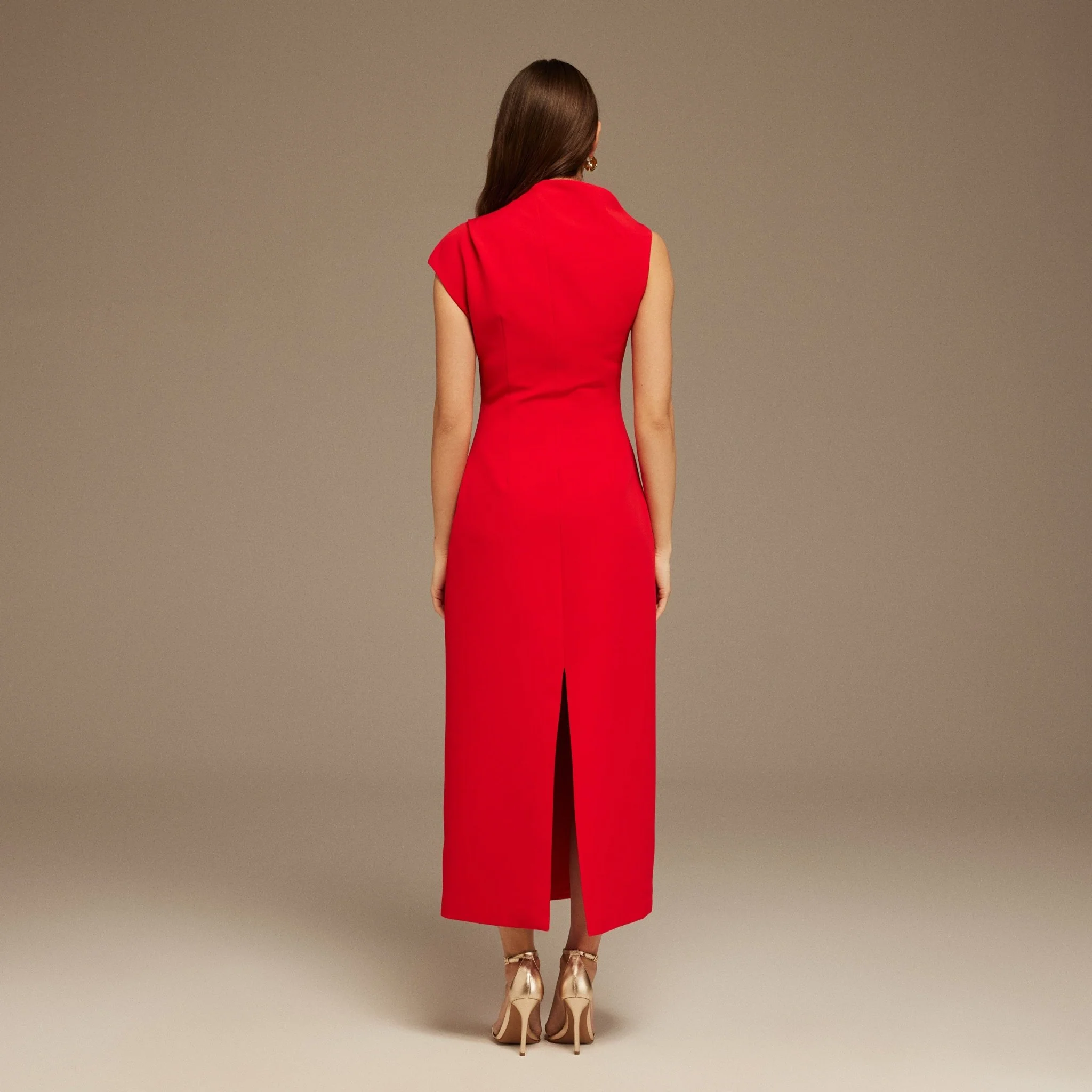 Red Draped Shoulder Short Sleeve Midi Dress - Image 4