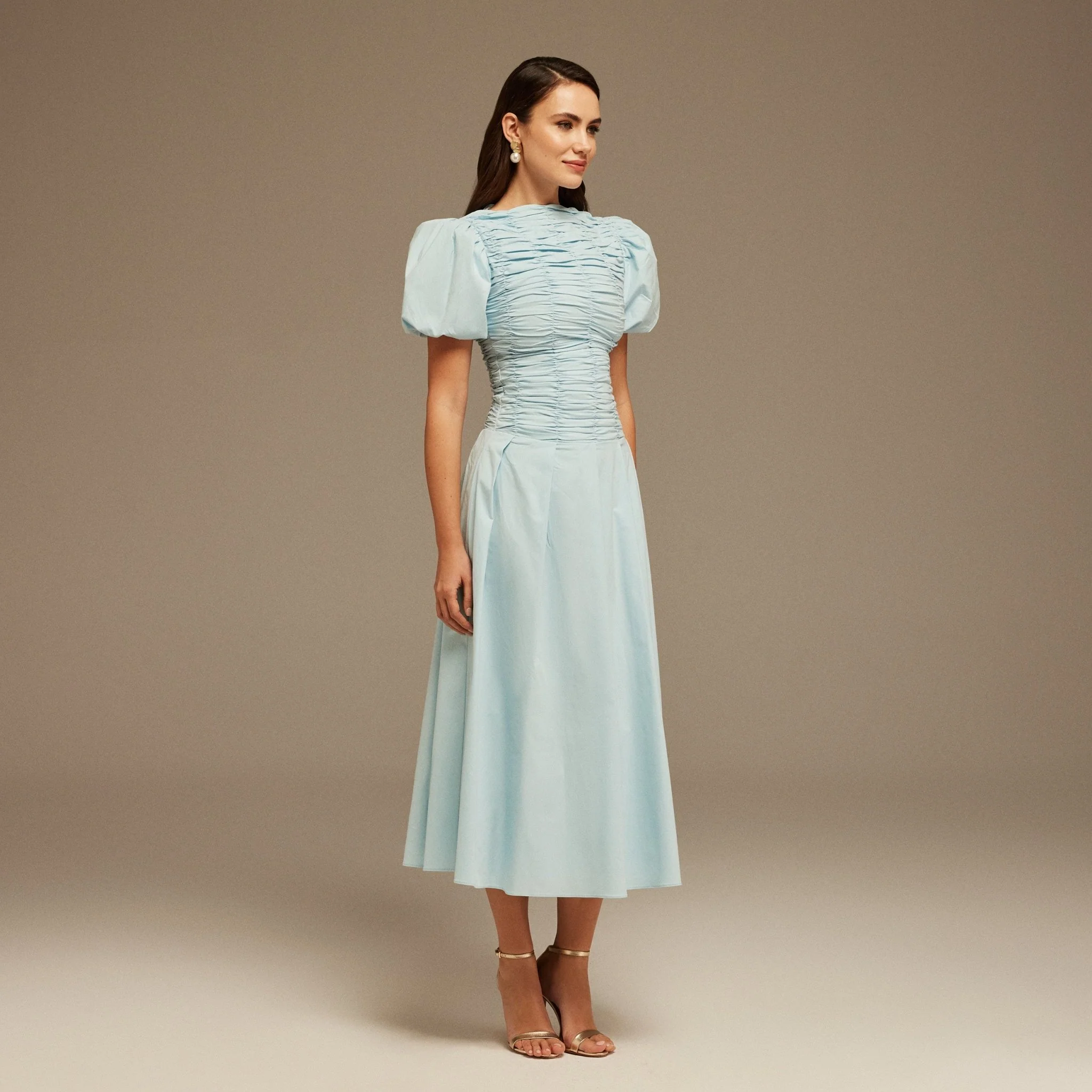 Light Blue Draped Top Short Sleeve Midi Dress - Image 2