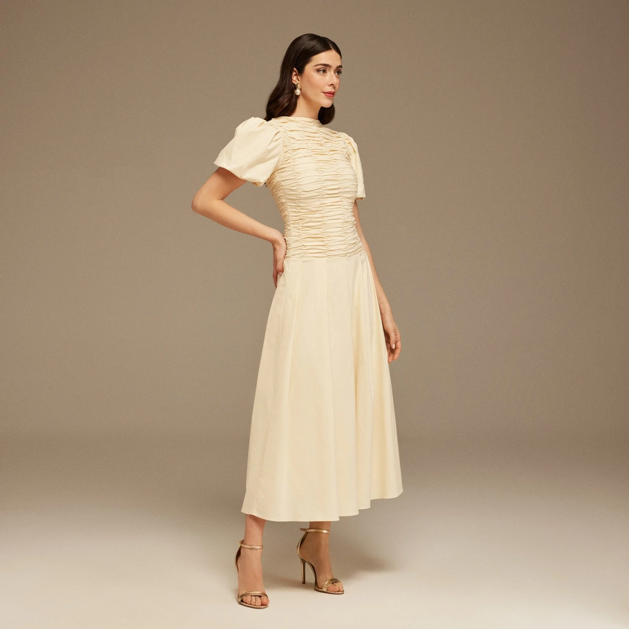 Ivory Draped Top Short Sleeve Midi Dress - Image 2