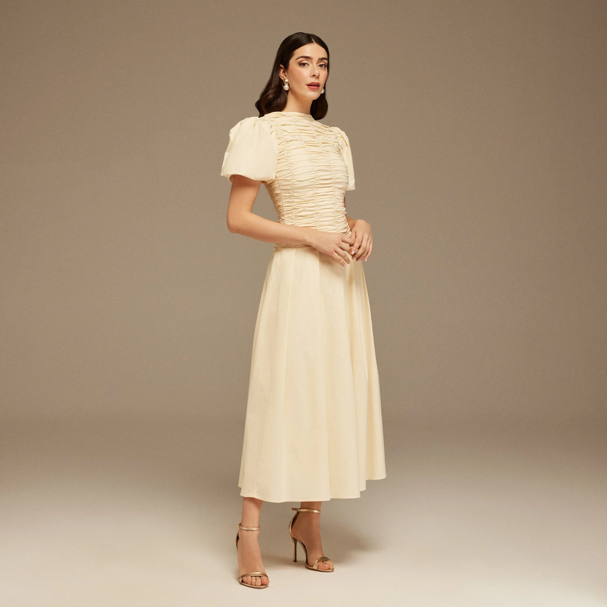 Ivory Draped Top Short Sleeve Midi Dress - Image 3
