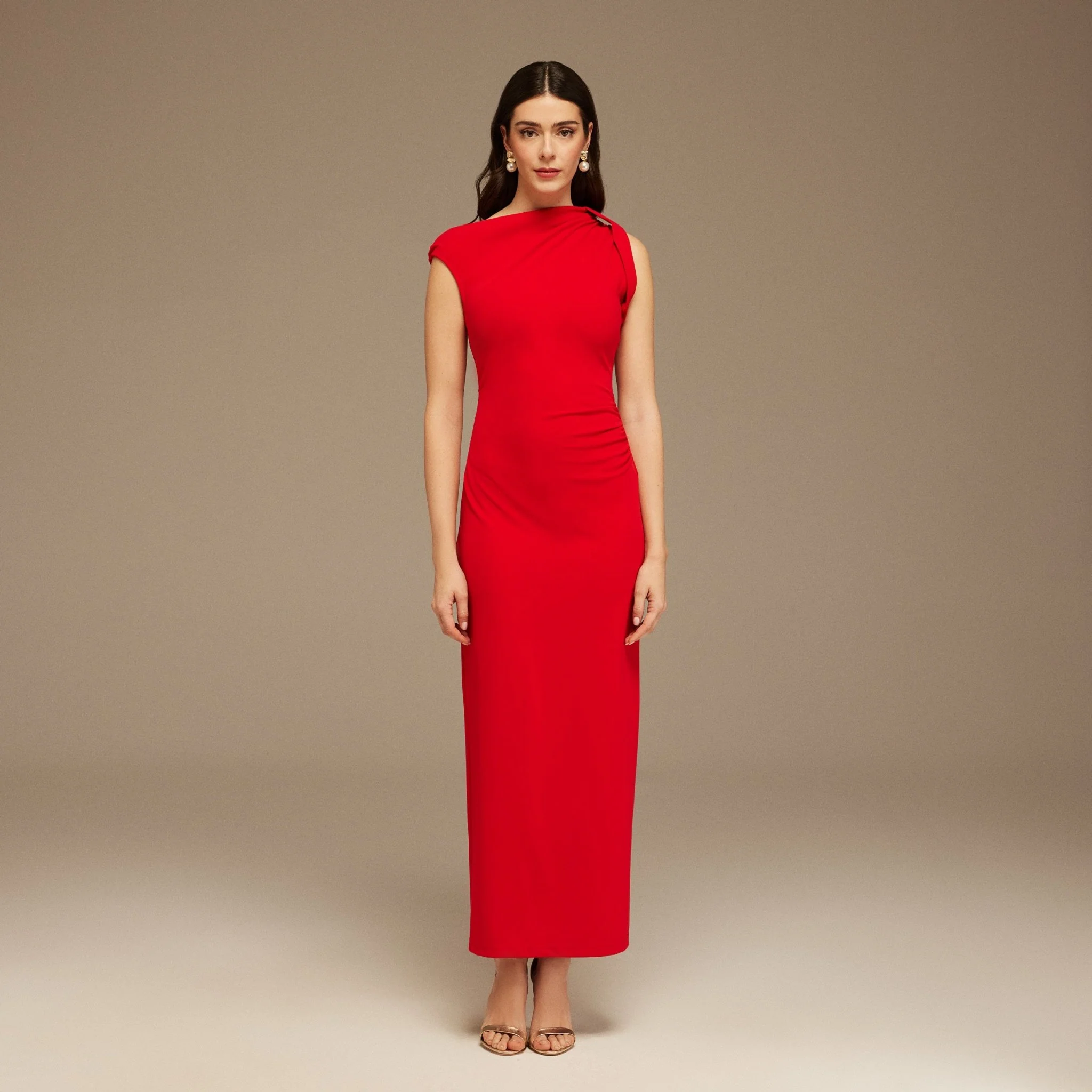 Drapping Shoulder Crepe Long Dress