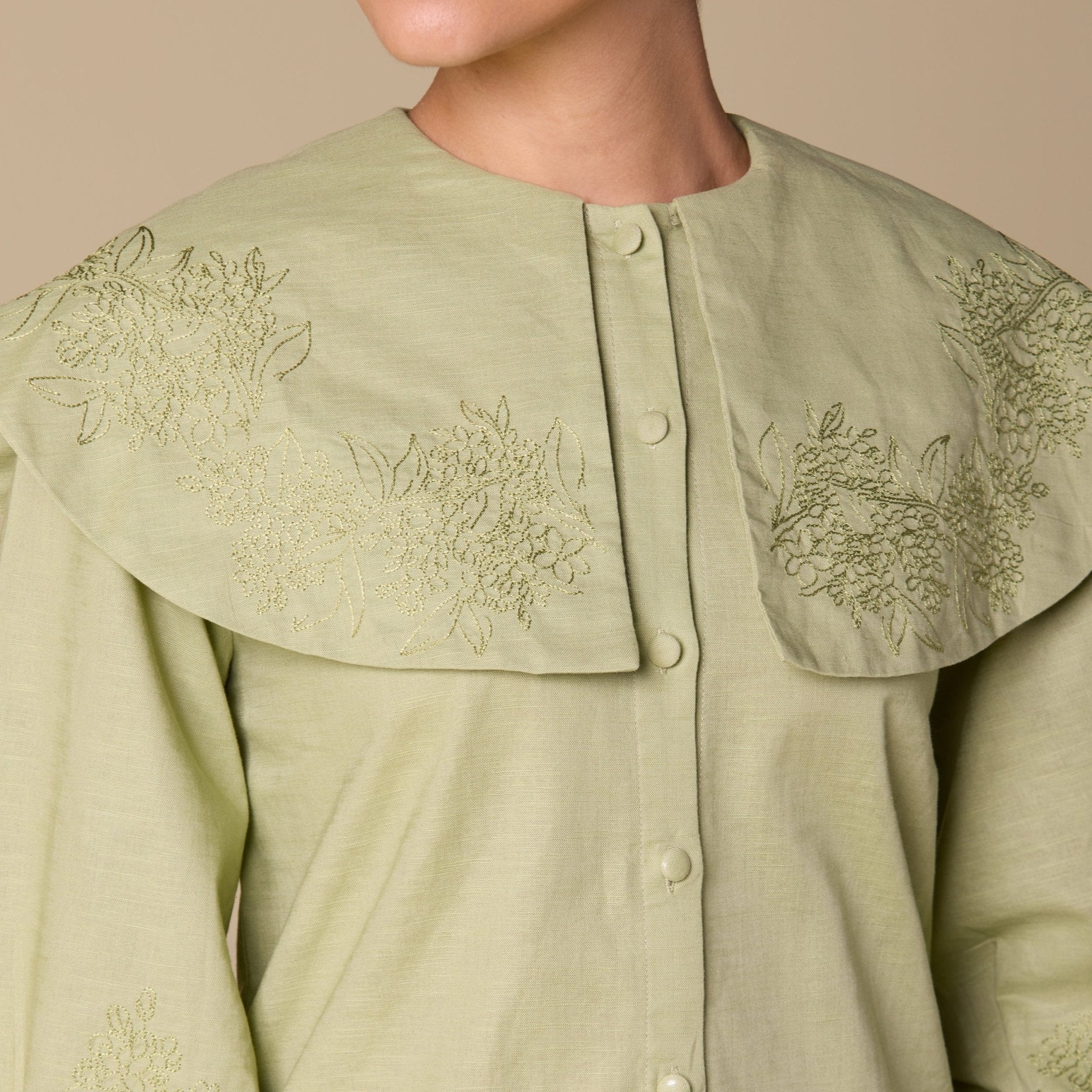 Embroidered Puff Sleeve Linen Top - Image 5