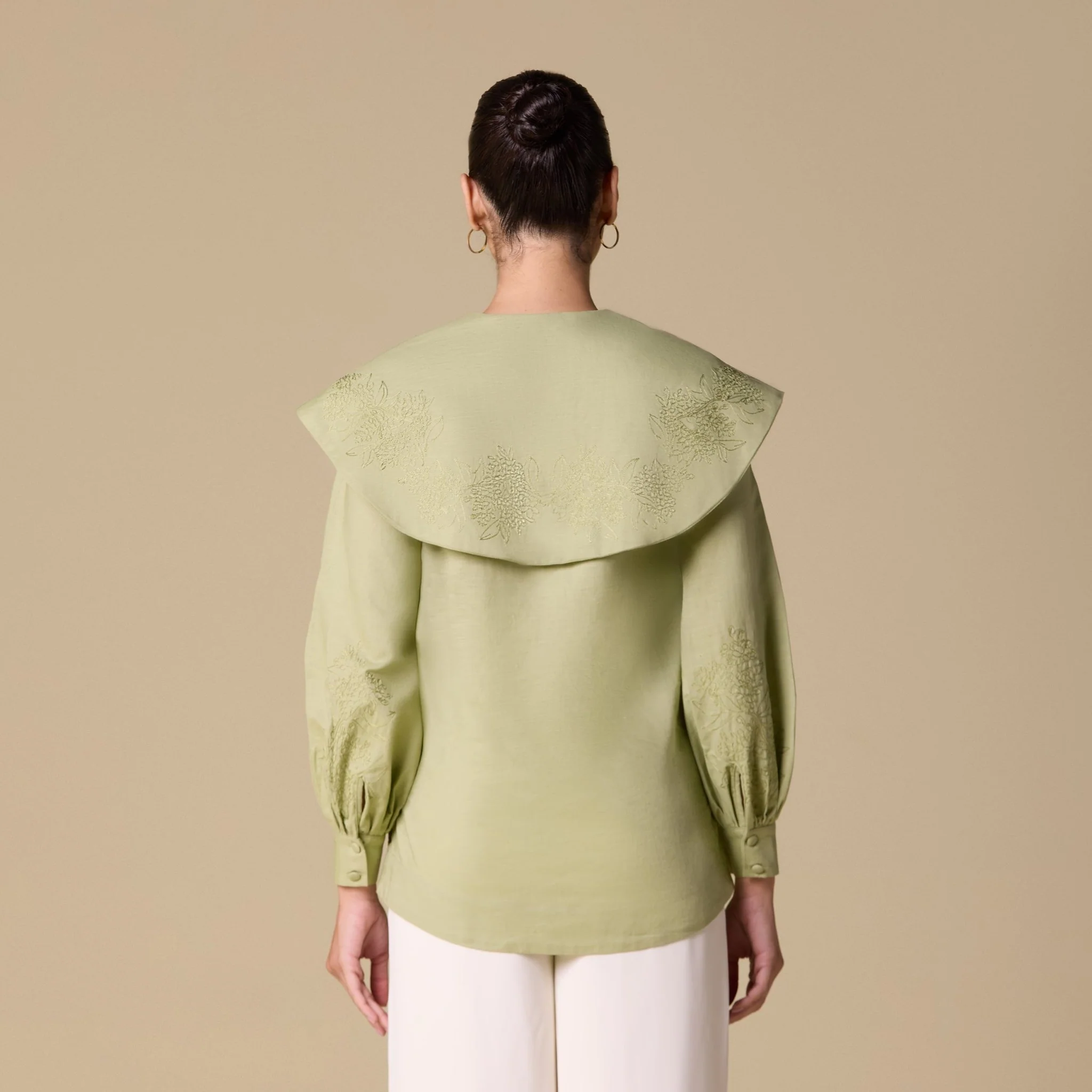 Embroidered Puff Sleeve Linen Top - Image 6