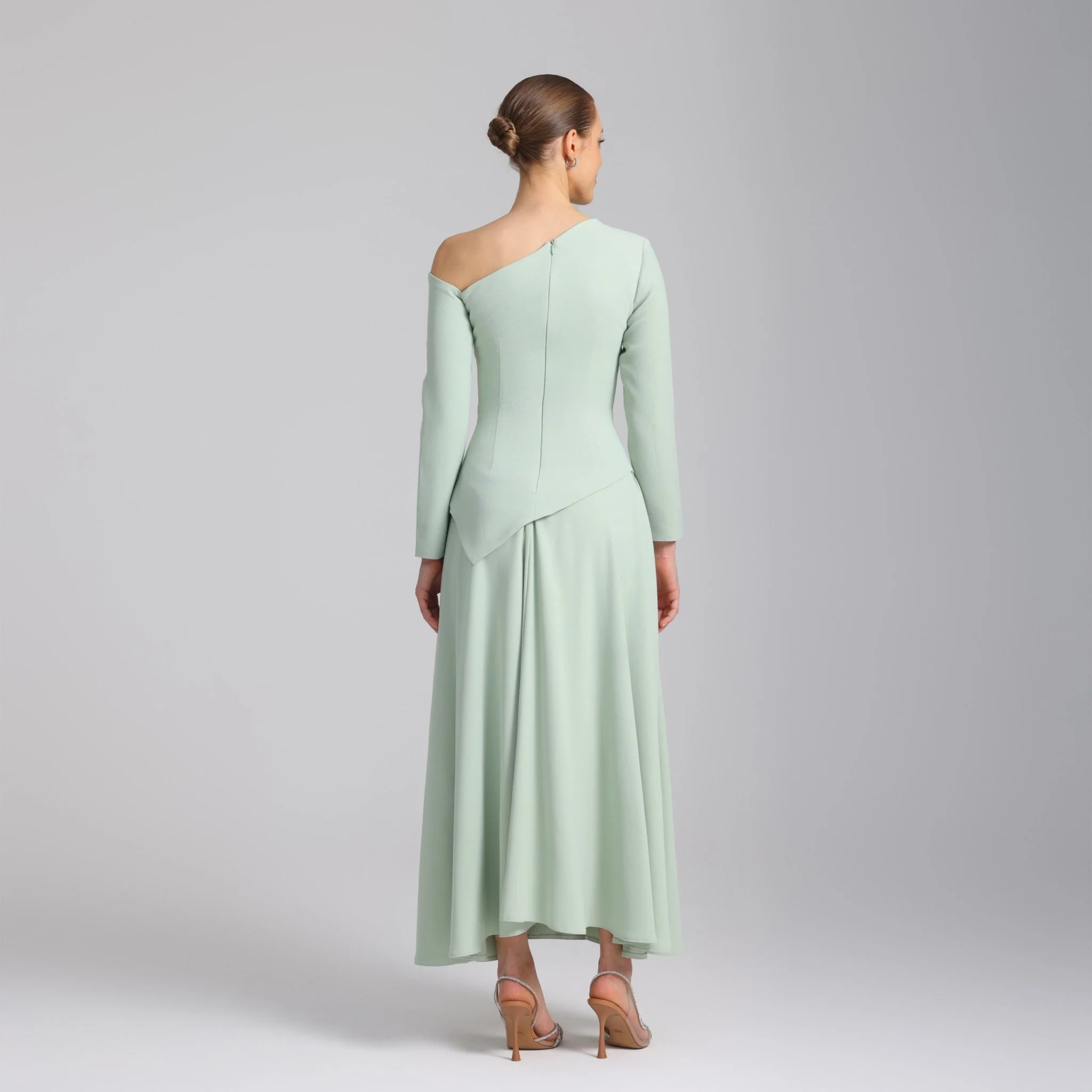 Green One-shoulder Long Sleeve Crepe dress - Image 6