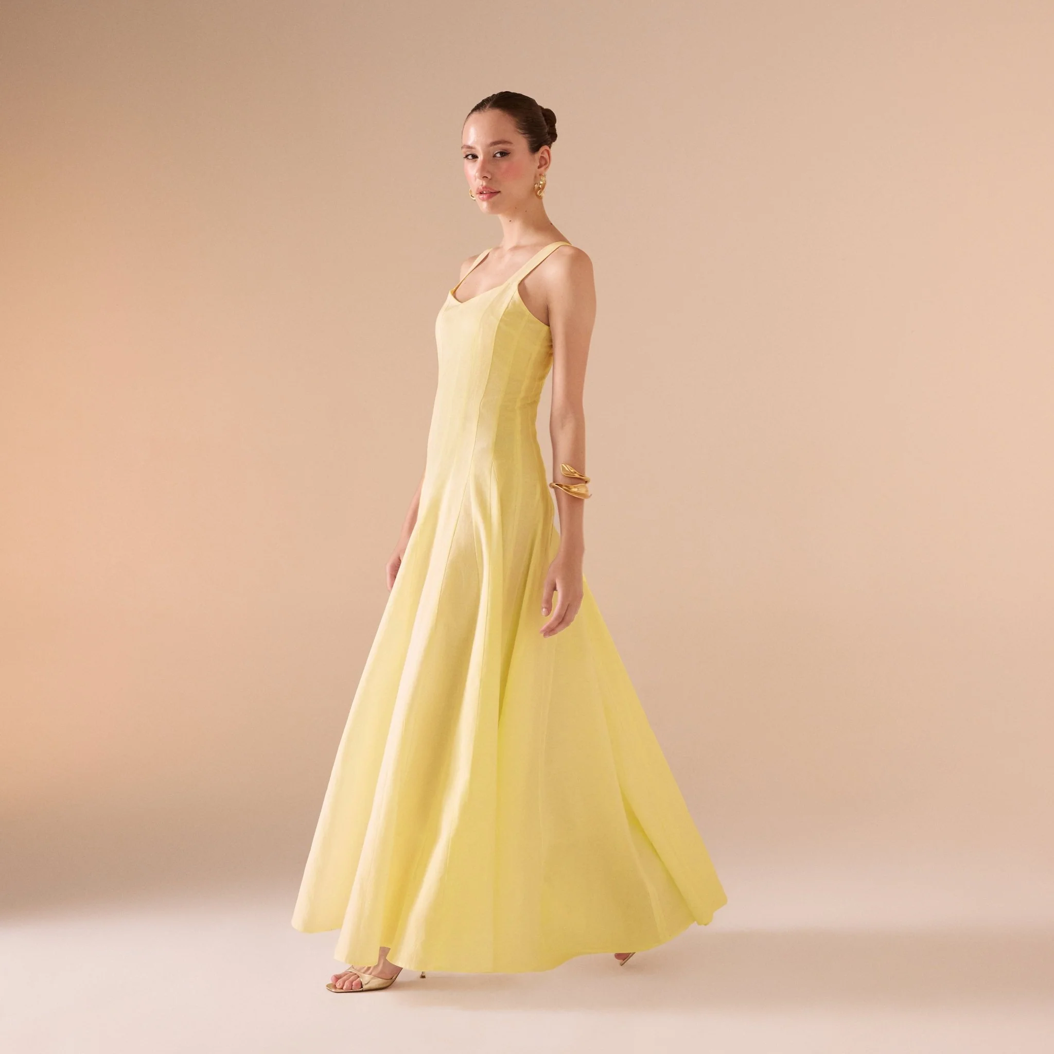 Yellow Fitted Waist Maxi Linen Dress - Image 3