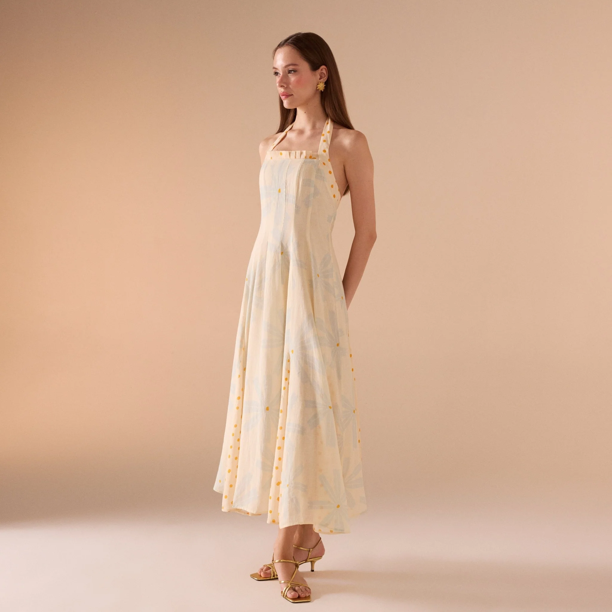 Light Yellow Floral print halter neck dress - Image 3