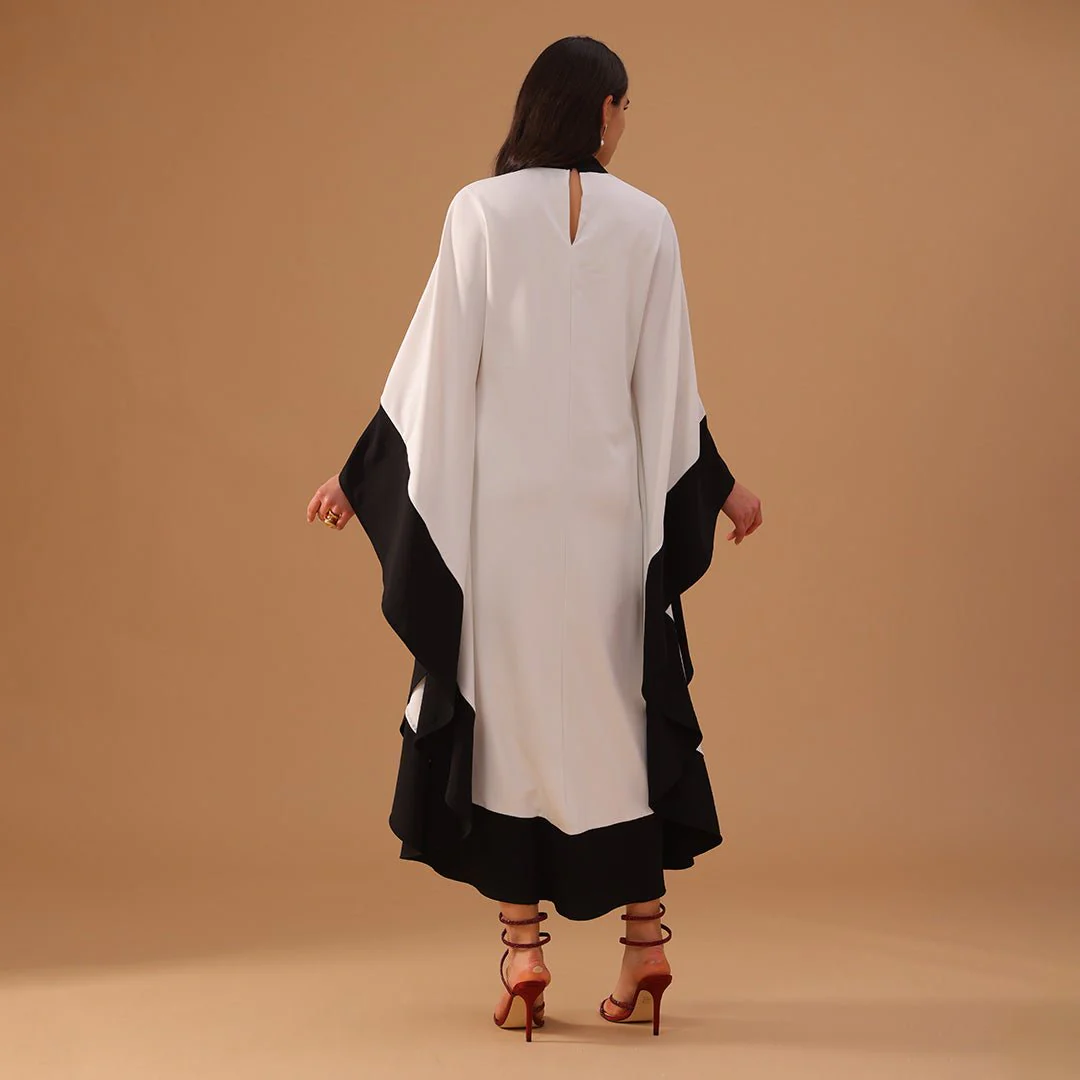 Black and White Flared Crepe Kaftan - Image 4
