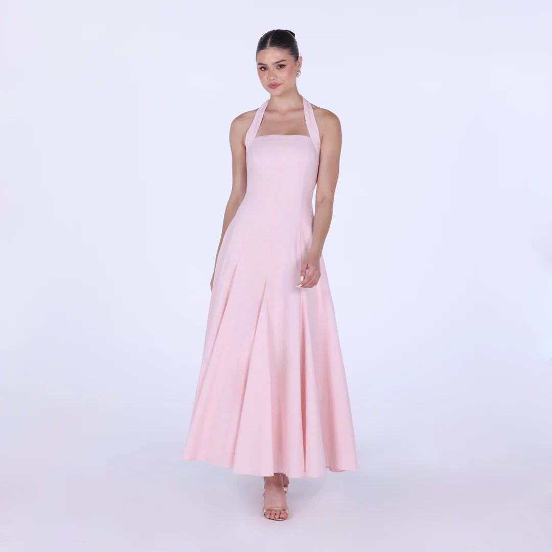 Flared Linen Halter Neck Maxi Dress