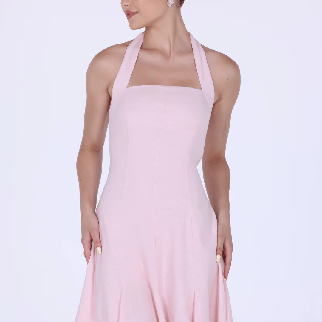Flared Linen Halter Neck Maxi Dress - Image 3