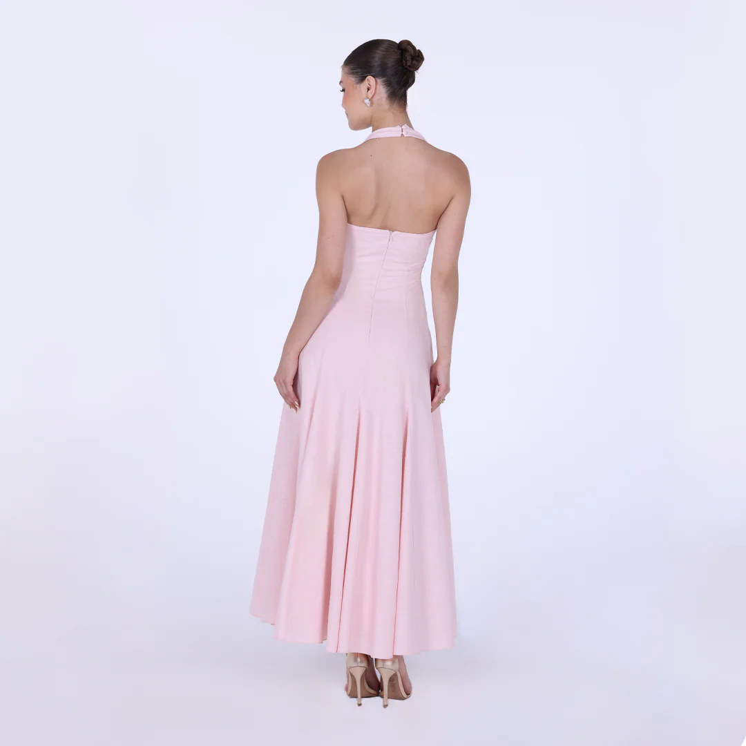 Flared Linen Halter Neck Maxi Dress - Image 4