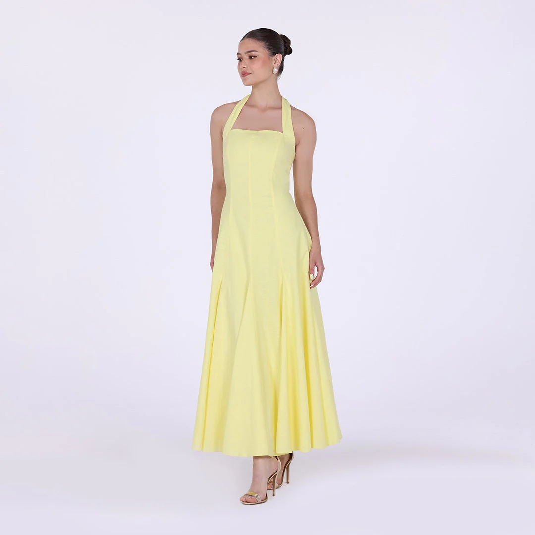 Flared Linen Halter Neck Maxi Dress - Image 5