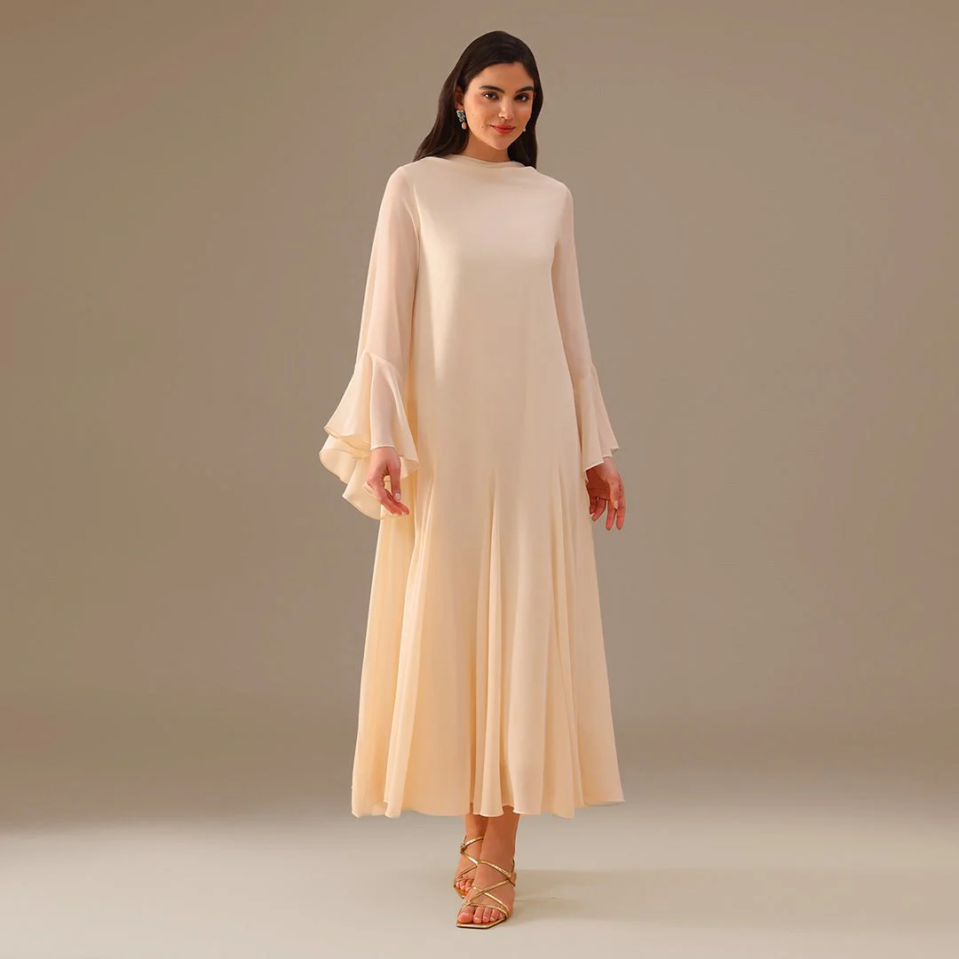 Ivory Flared Long Sleeve Chiffon Maxi Dress