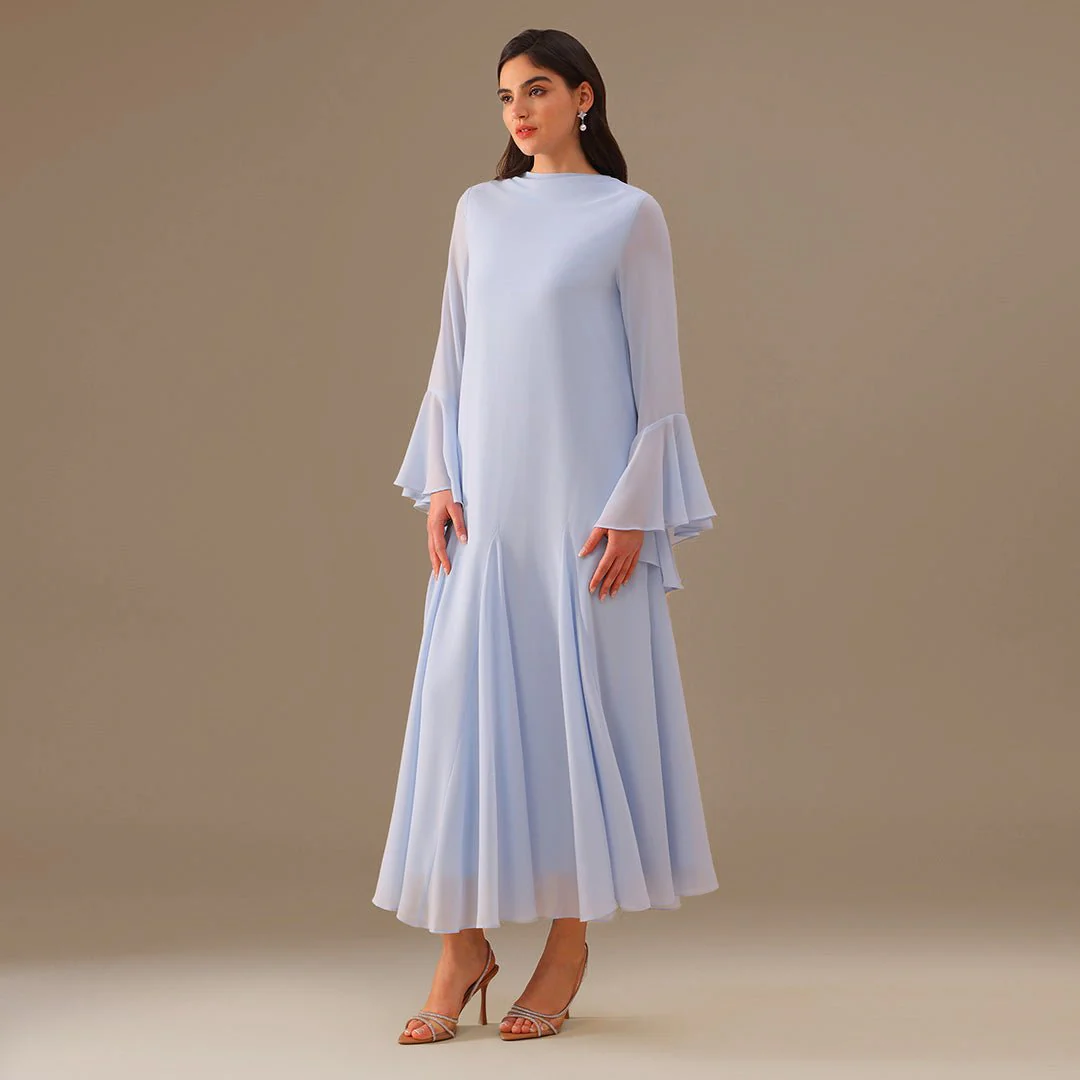 Blue Flared Long Sleeve Chiffon Maxi Dress - Image 2