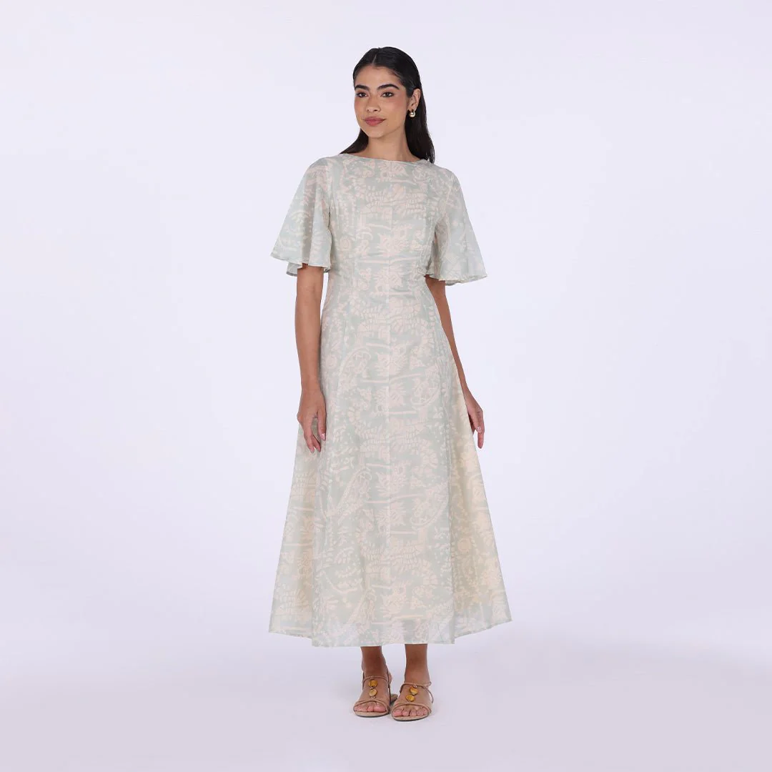 Printed Flared Maxi Dress with Butterfly Sleeves