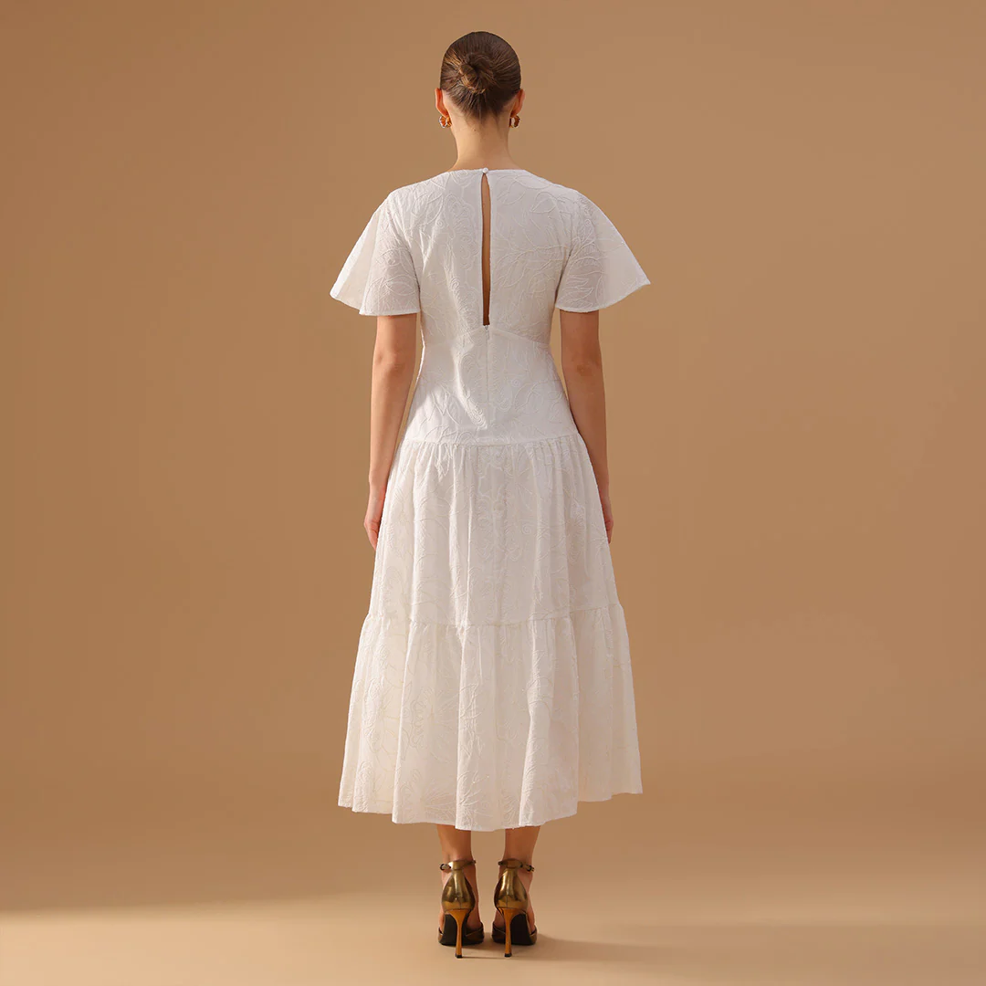 White Flared Short Sleeve Cotton Midi Dress - Image 5