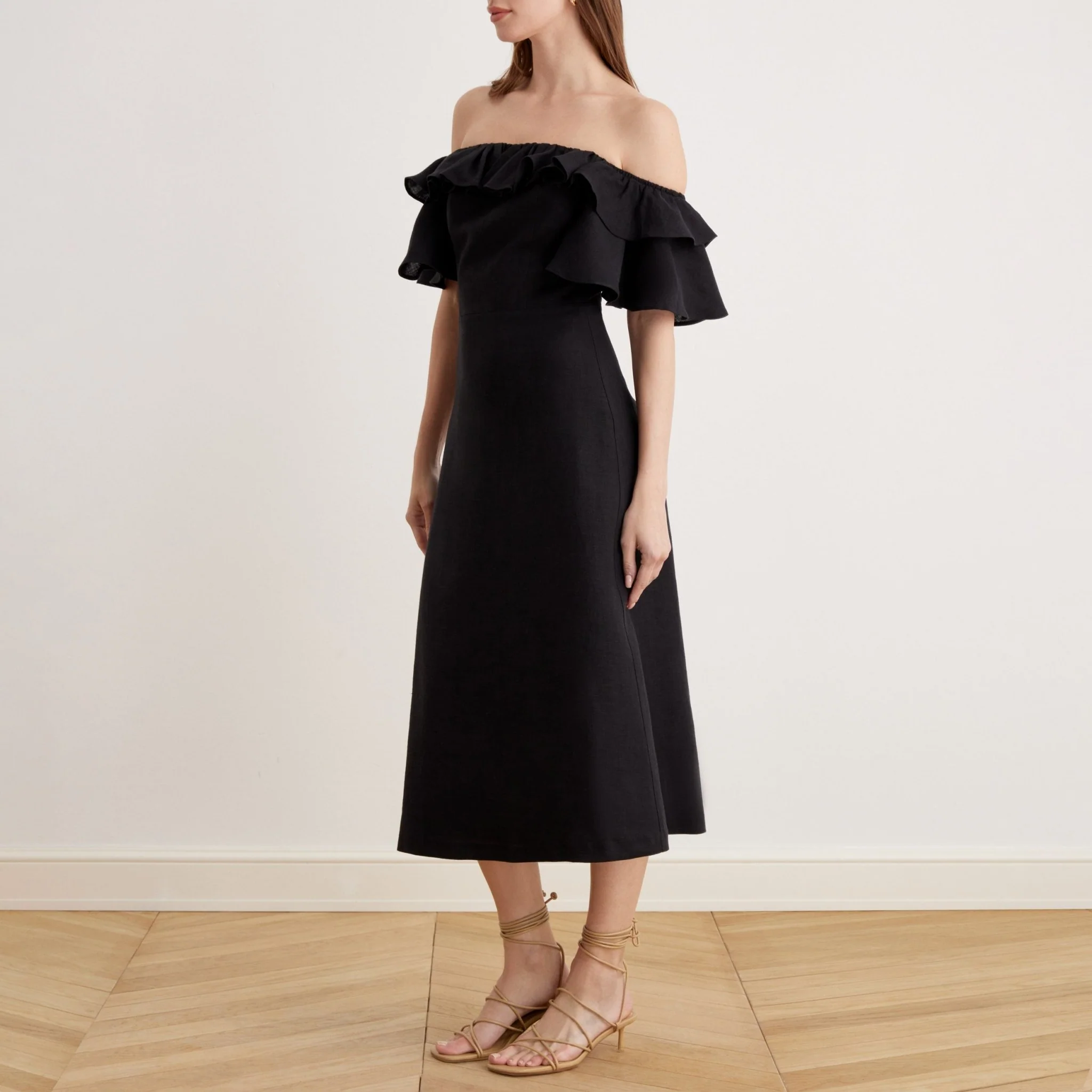 Frill Off Shoulder Midi Dress in Linen - Image 3