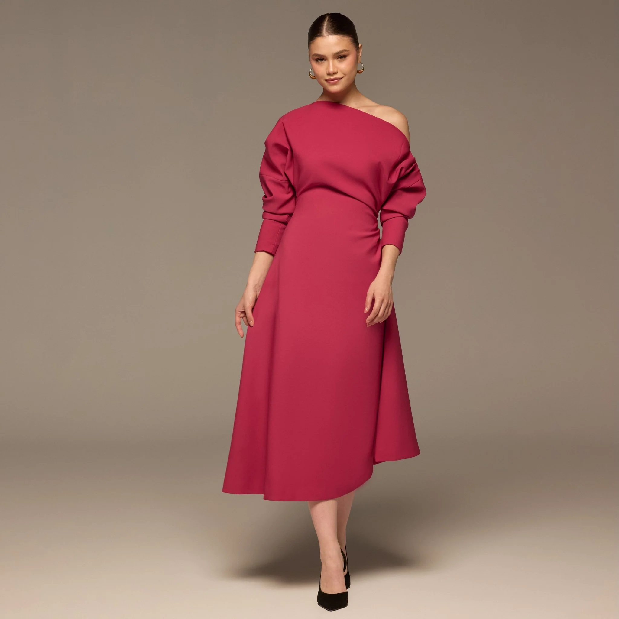 Fuchsia Asymmetric Off Shoulder Maxi Dress