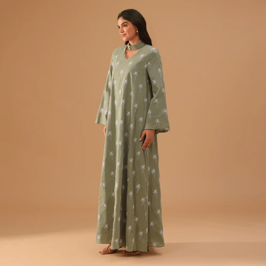Green Fully Embroidered Long Sleeve Kaftan - Image 2