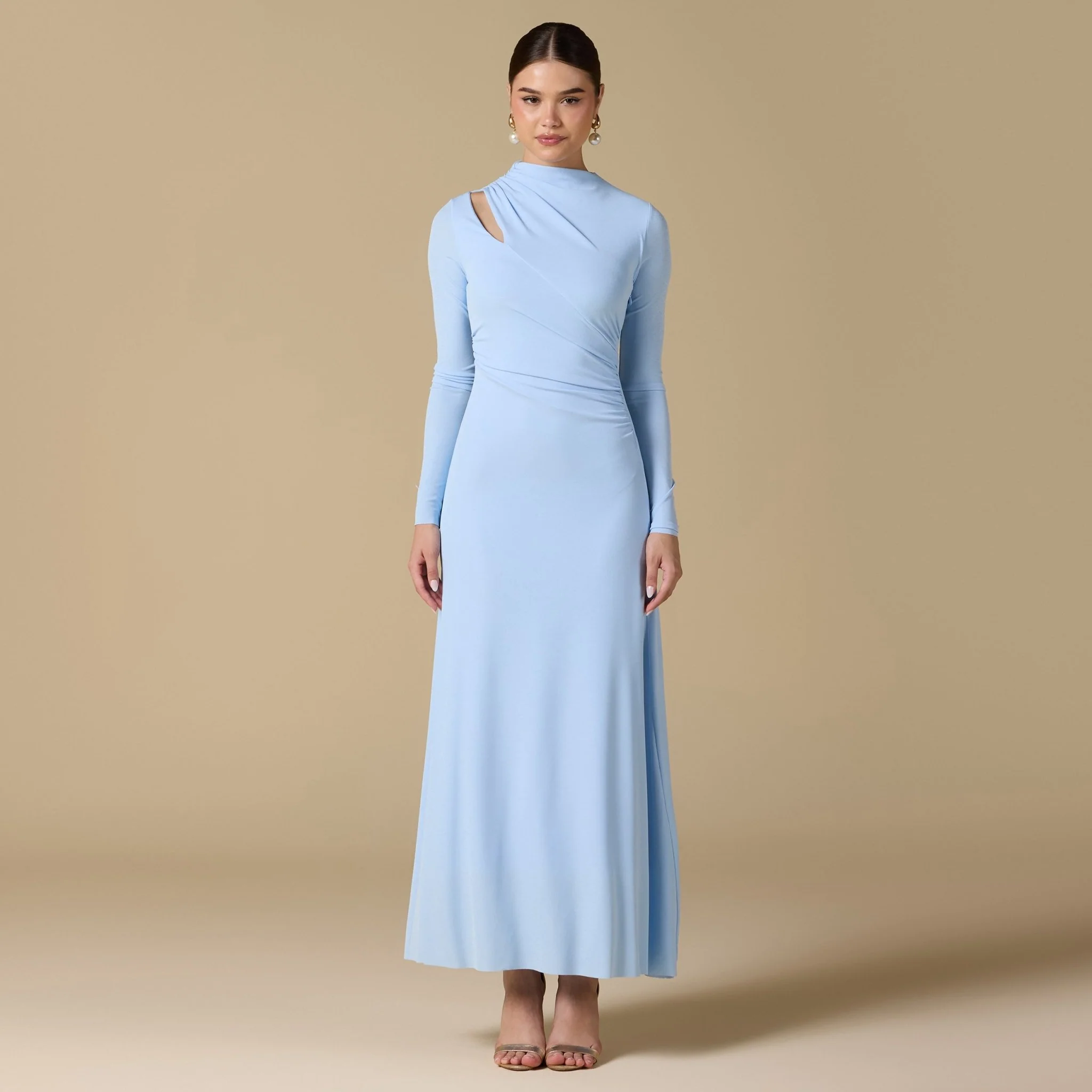 Blue Gathered Chest Flare Midi Dress