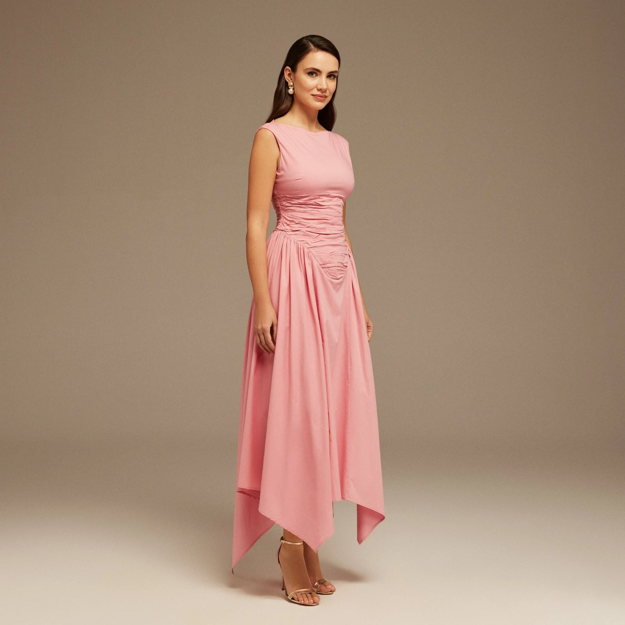 Pink Gathered Poplin Pleated Waist Midi Dress - Image 2