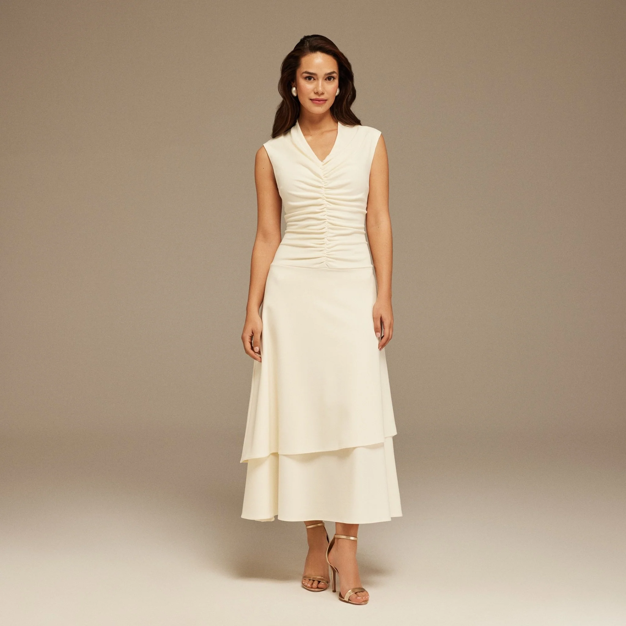 White Crepe V Neck Gathered Midi Dress