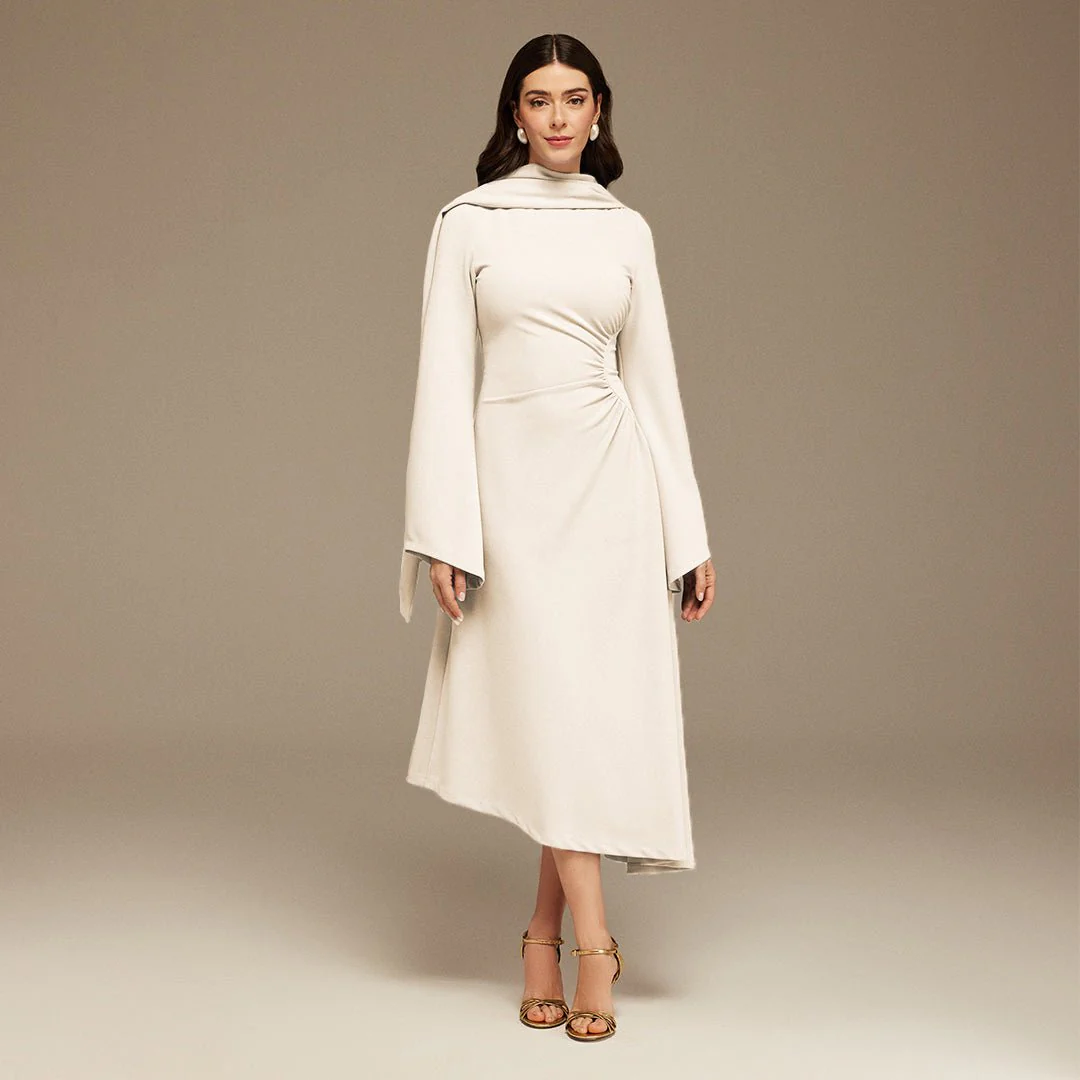 Ivory Gathered Waist Midi Dress With Scarf