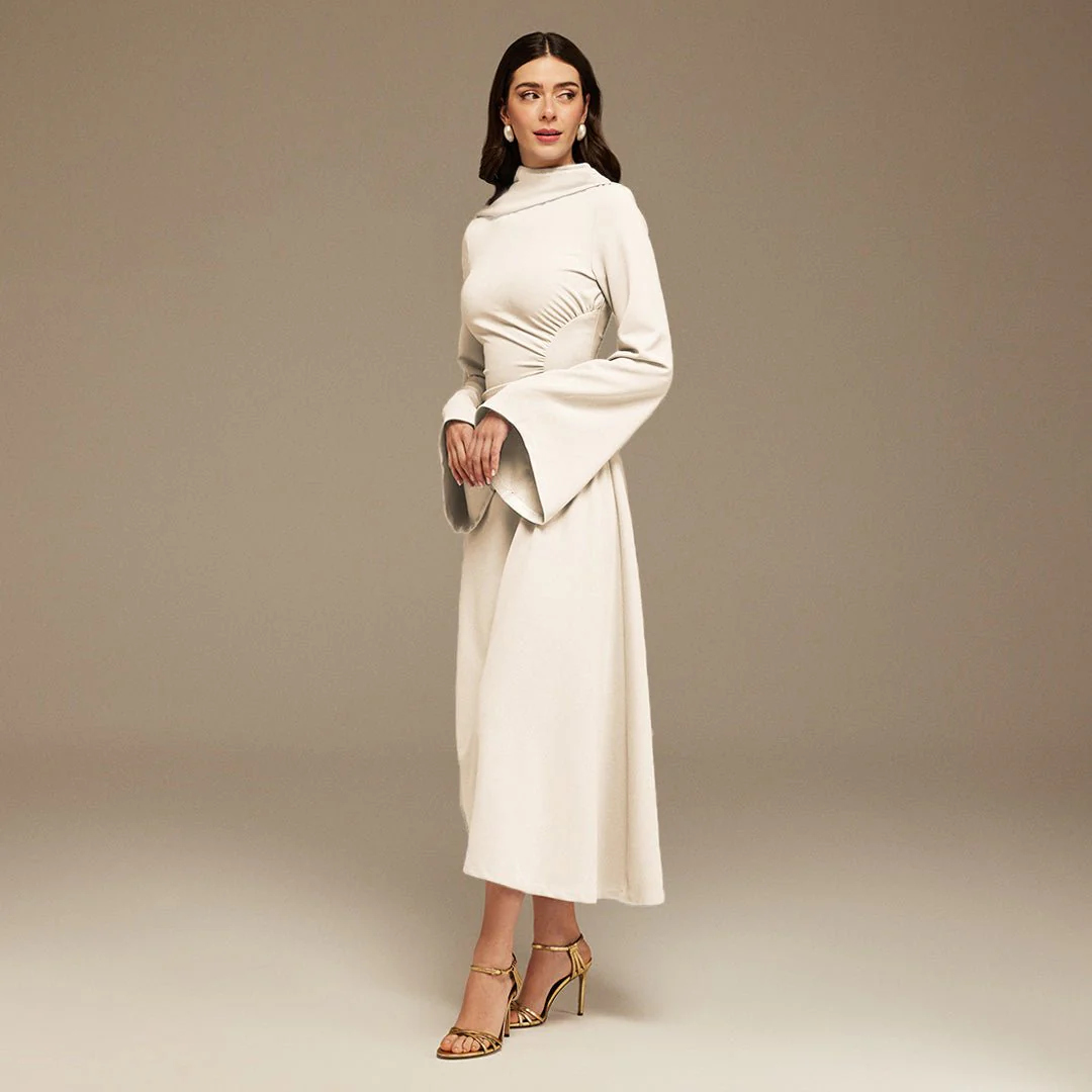 Ivory Gathered Waist Midi Dress With Scarf - Image 4