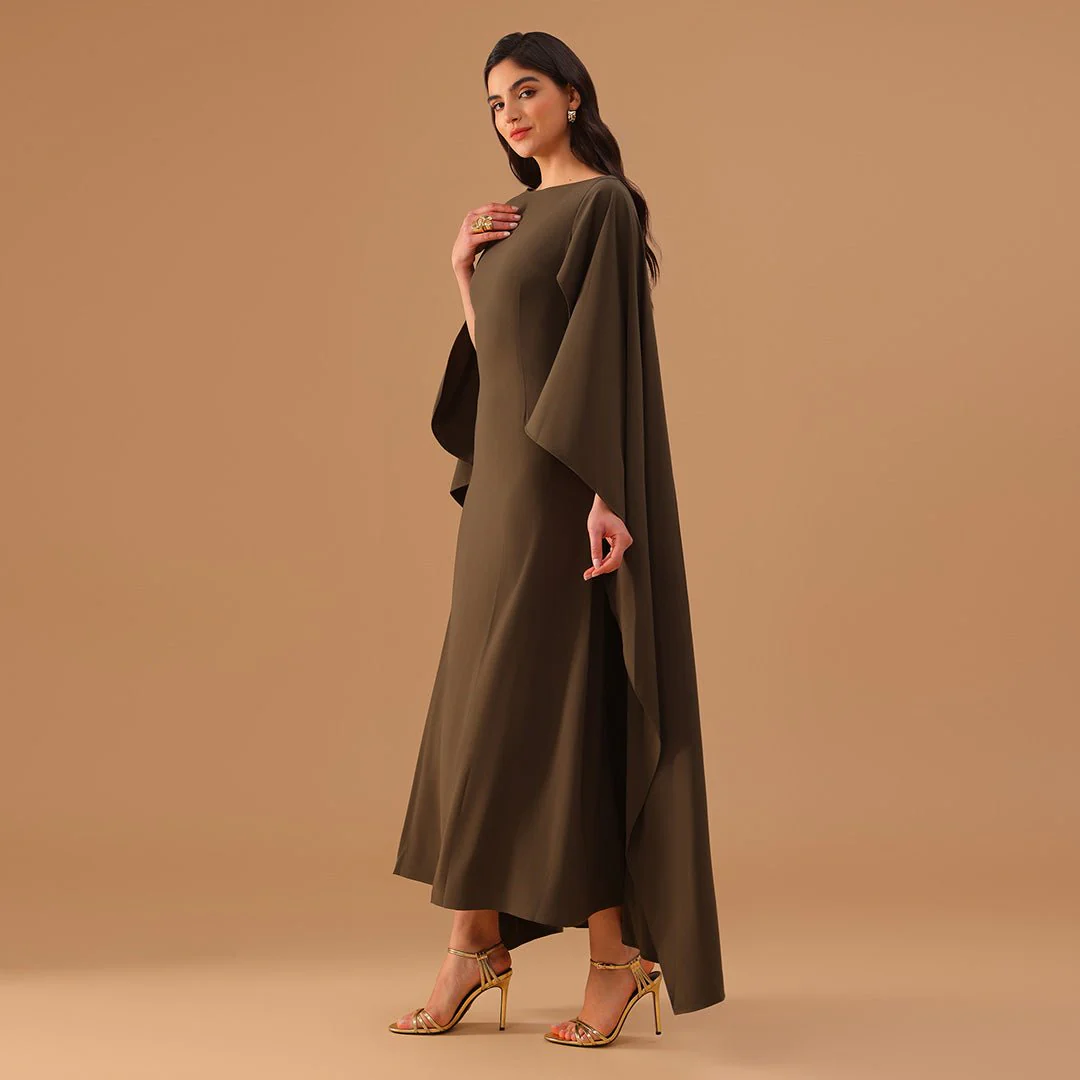 Olive Green Crepe Kaftan with Round Wide Neck - Image 3