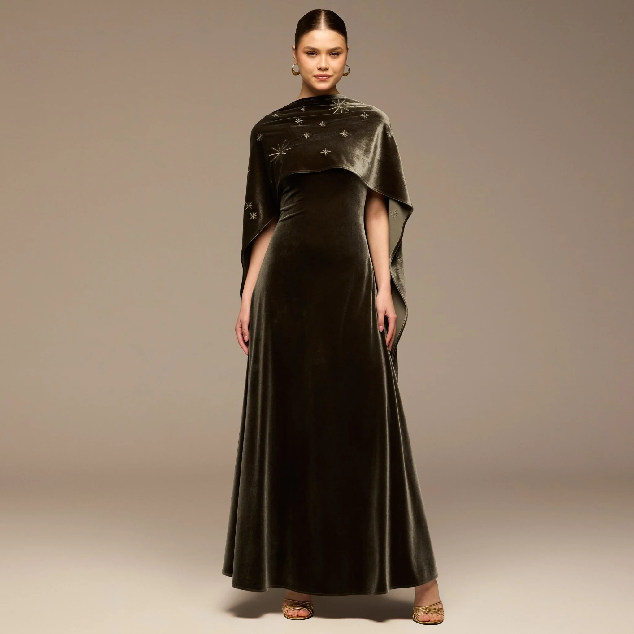Gray Embroidered Velvet Maxi Dress