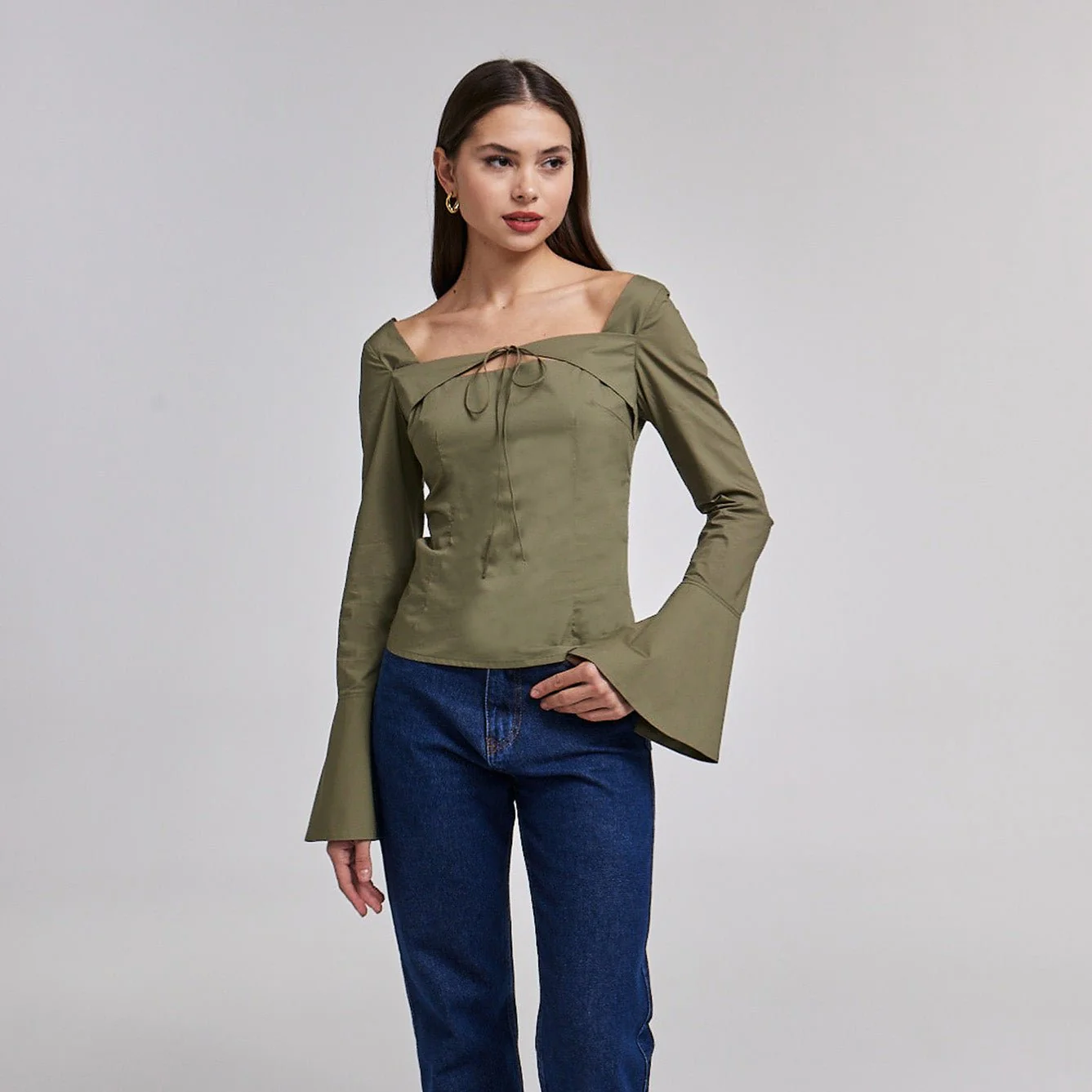 Green Cotton Square Neck Long Sleeve Top - Image 2