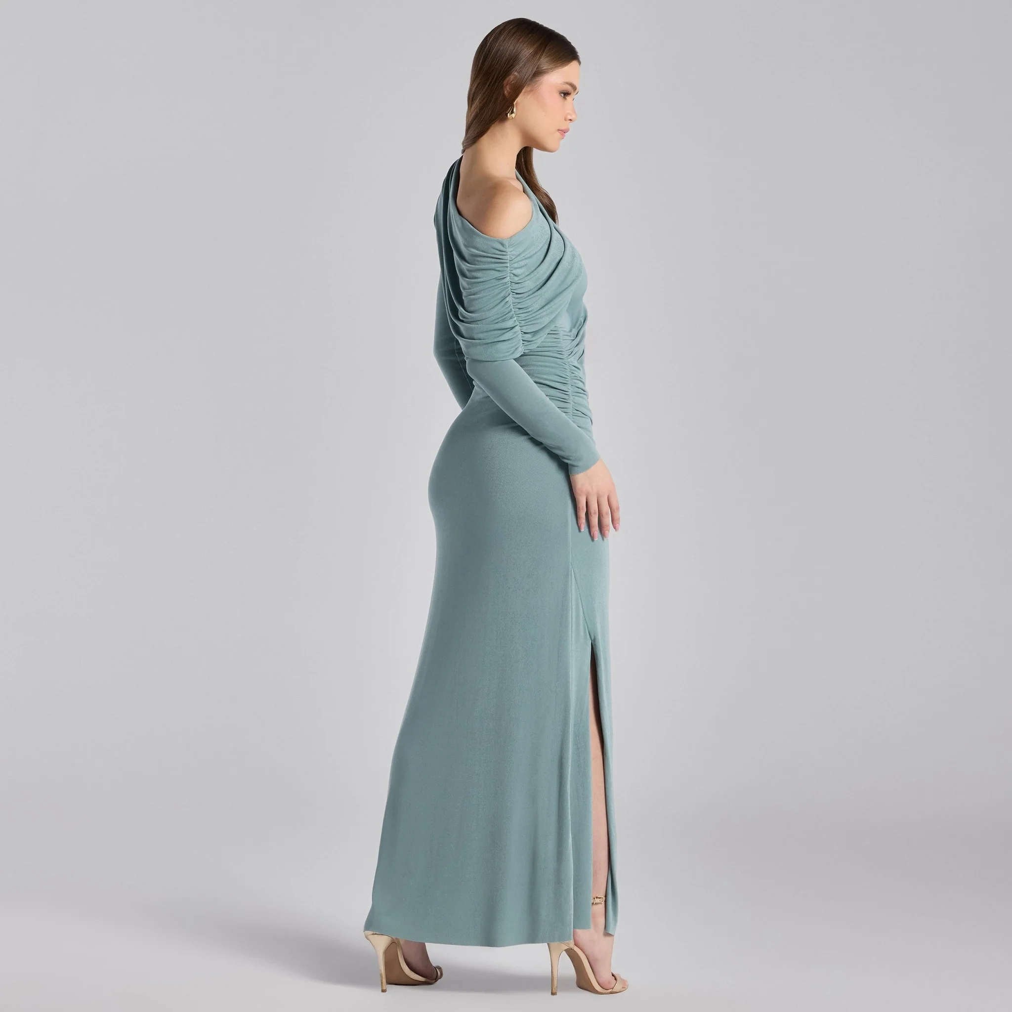 Turquoise Draped Shoulder Jersey Maxi Dress - Image 4