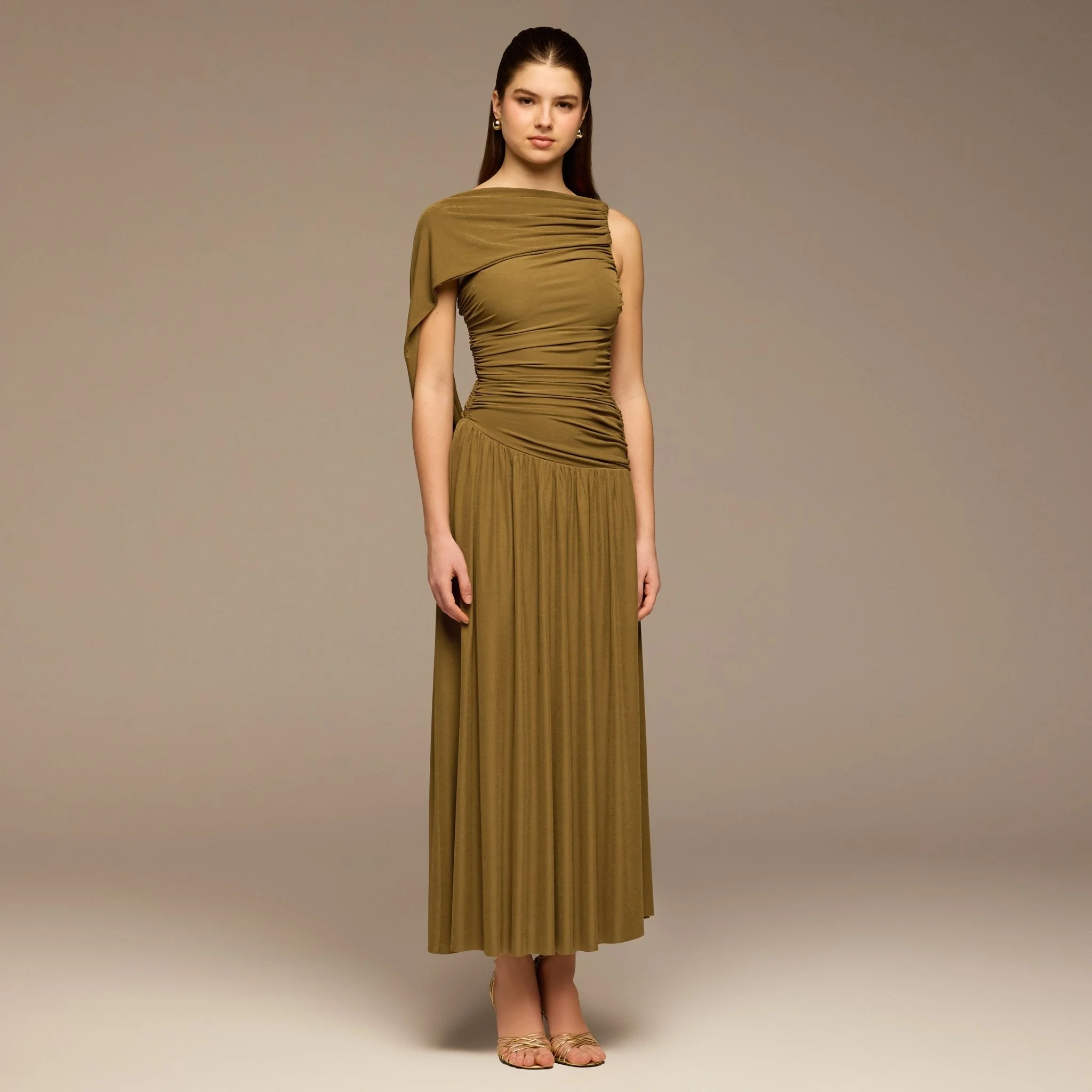 Olive Ruched Jersey Maxi Dress