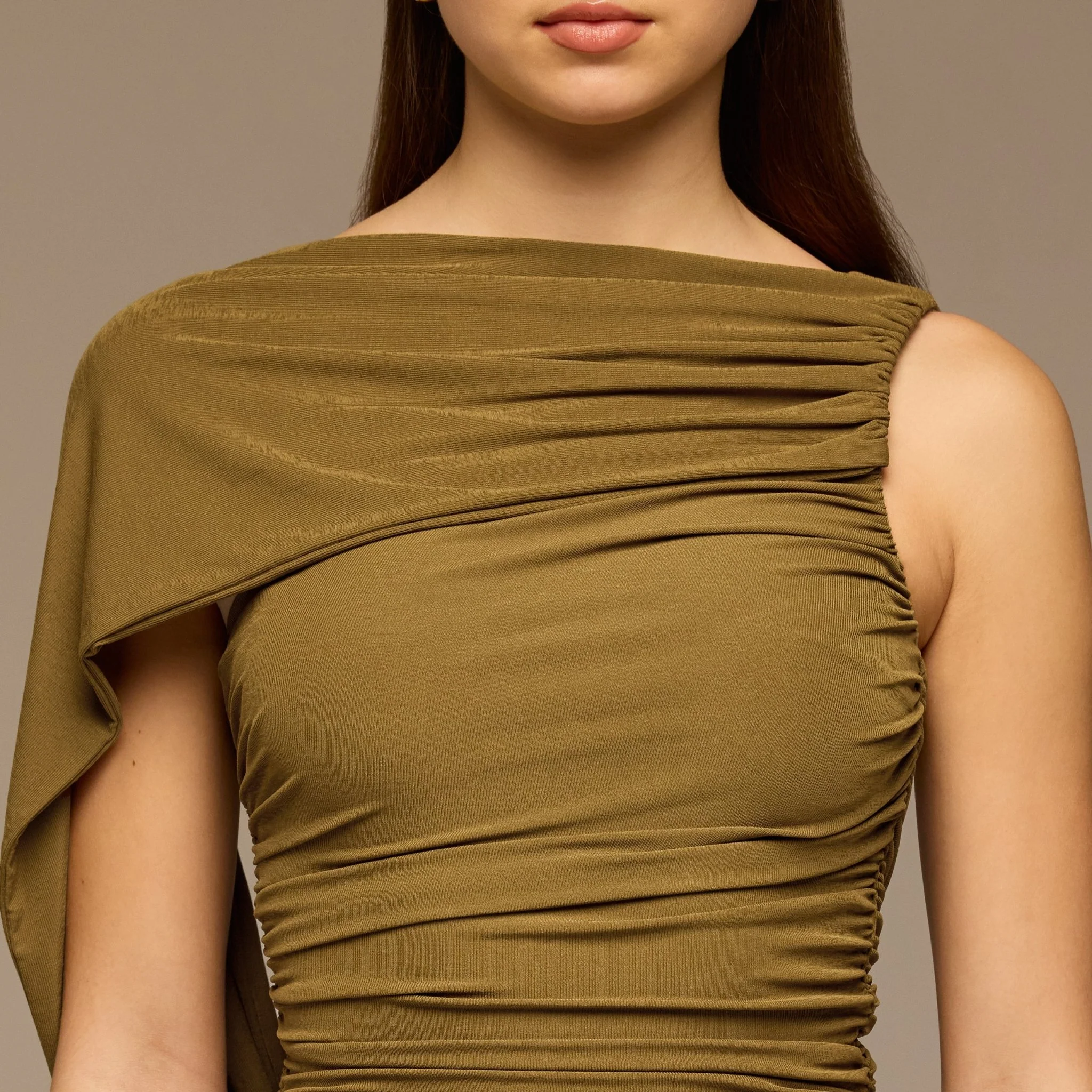 Olive Ruched Jersey Maxi Dress - Image 3