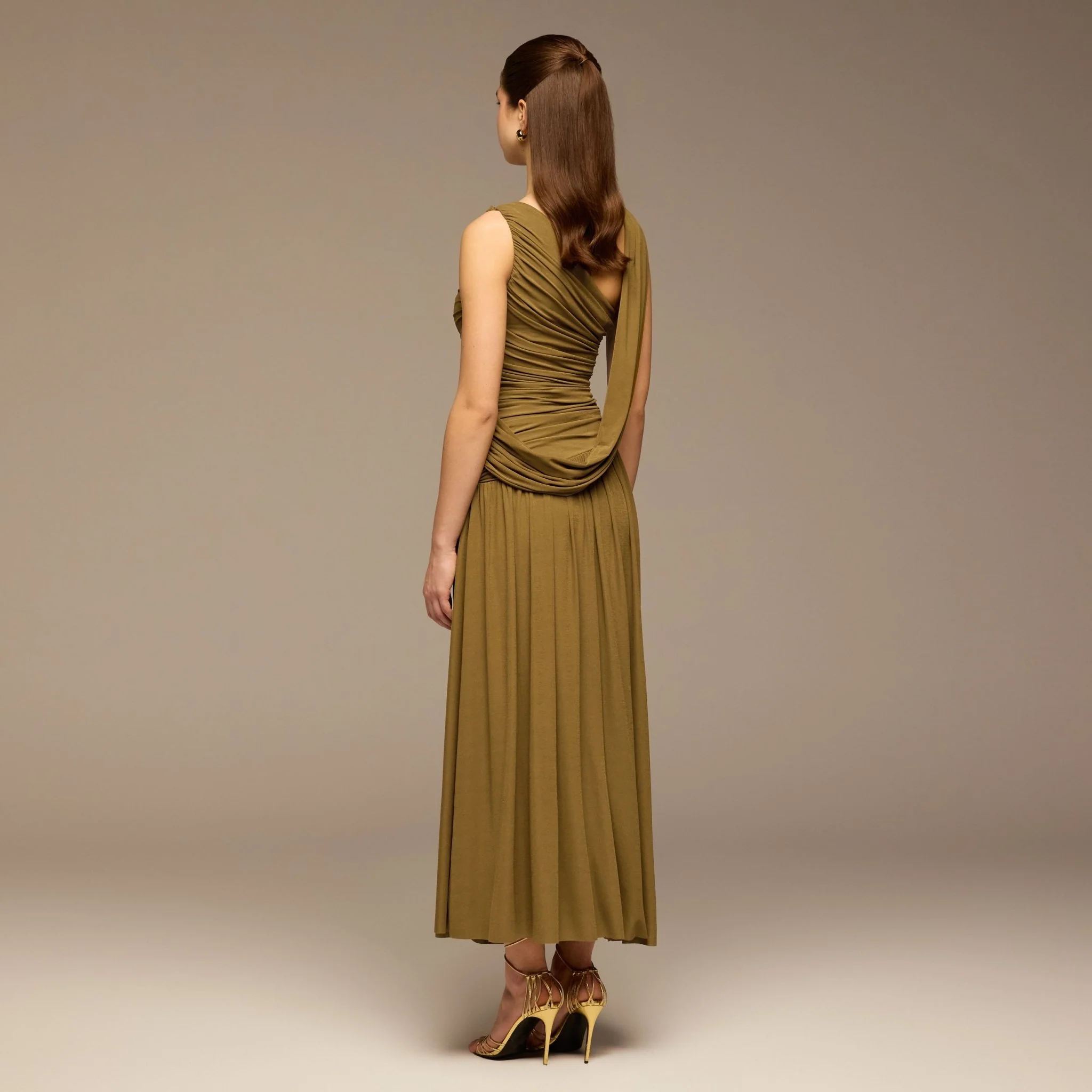 Olive Ruched Jersey Maxi Dress - Image 4