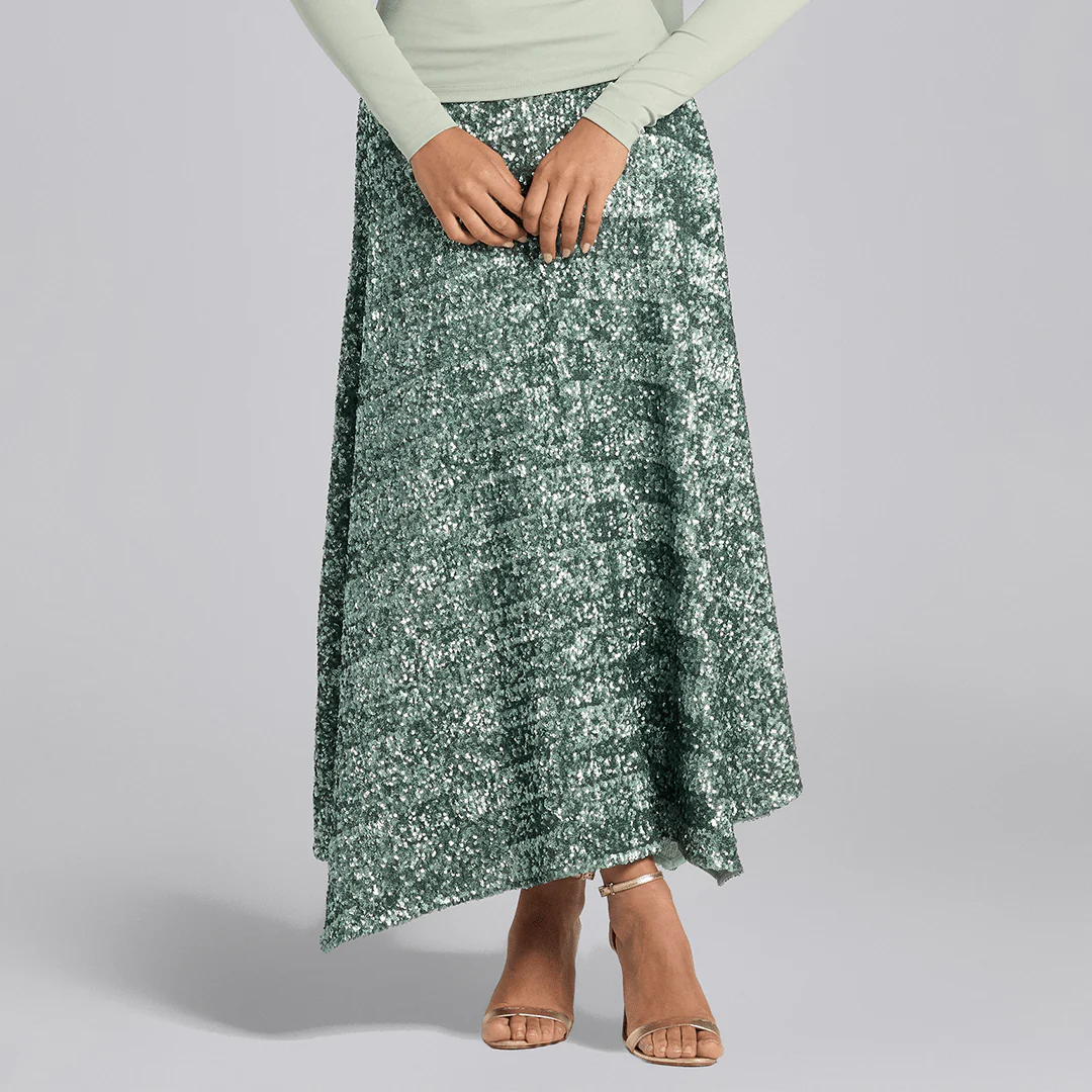 Green Sequin A-Line Flared Skirt