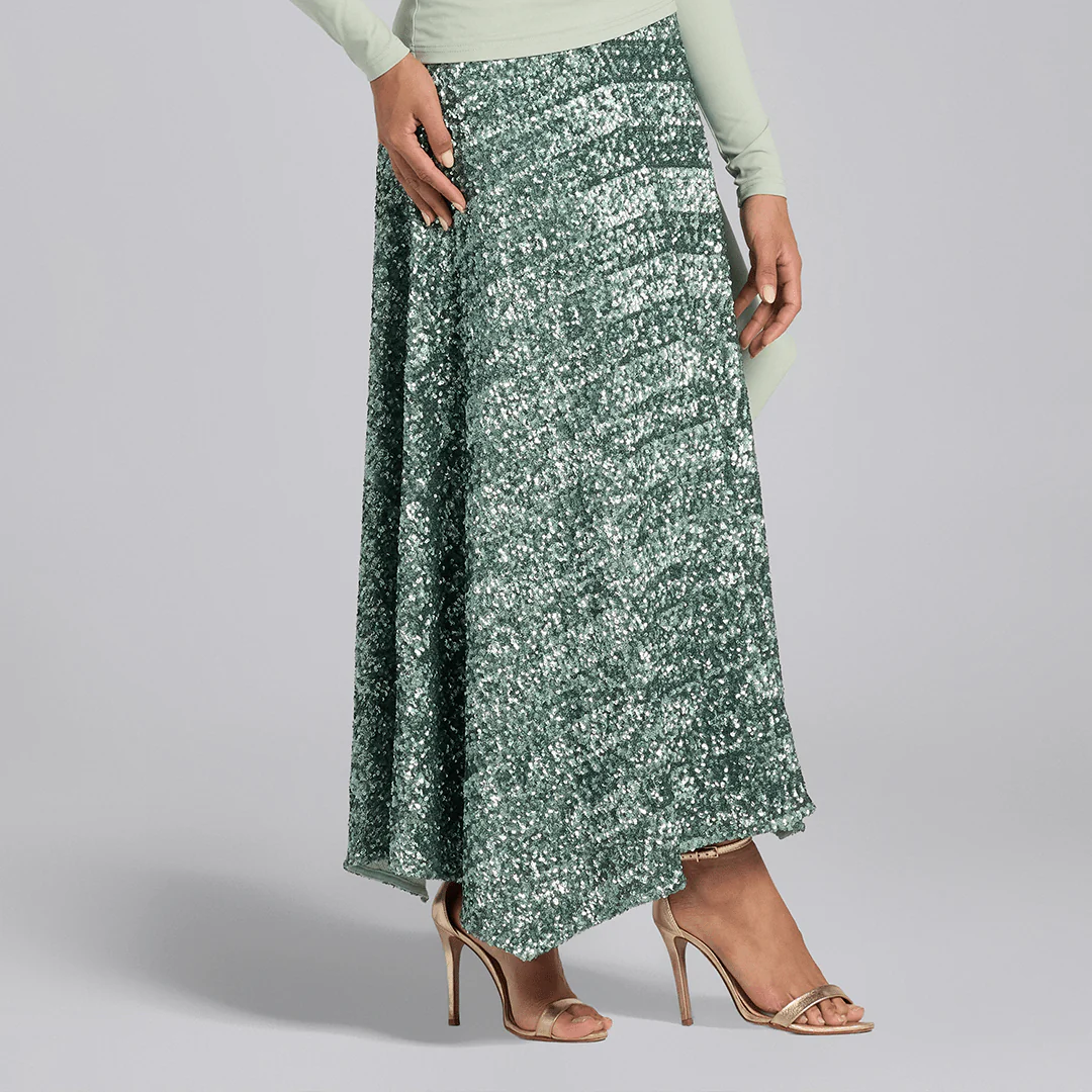 Green Sequin A-Line Flared Skirt - Image 3