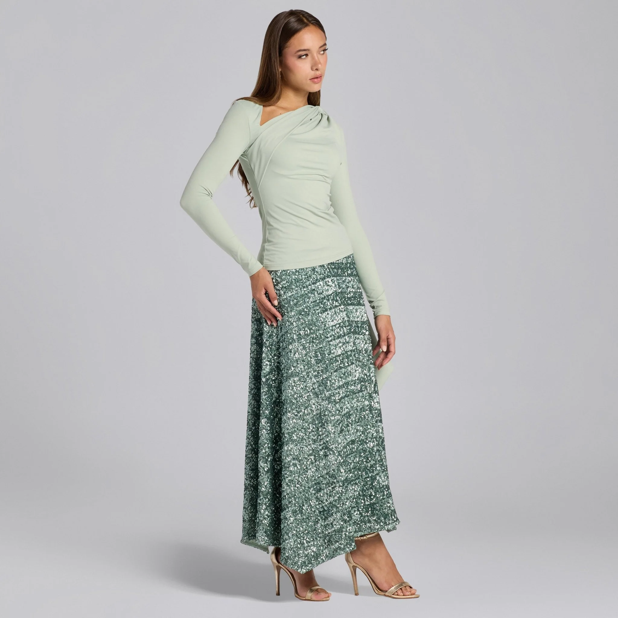 Green Sequin A-Line Flared Skirt - Image 4
