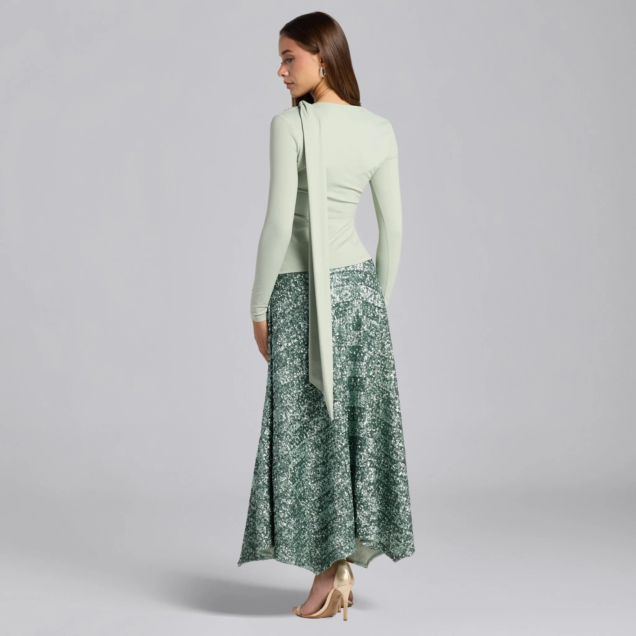 Green Sequin A-Line Flared Skirt - Image 6