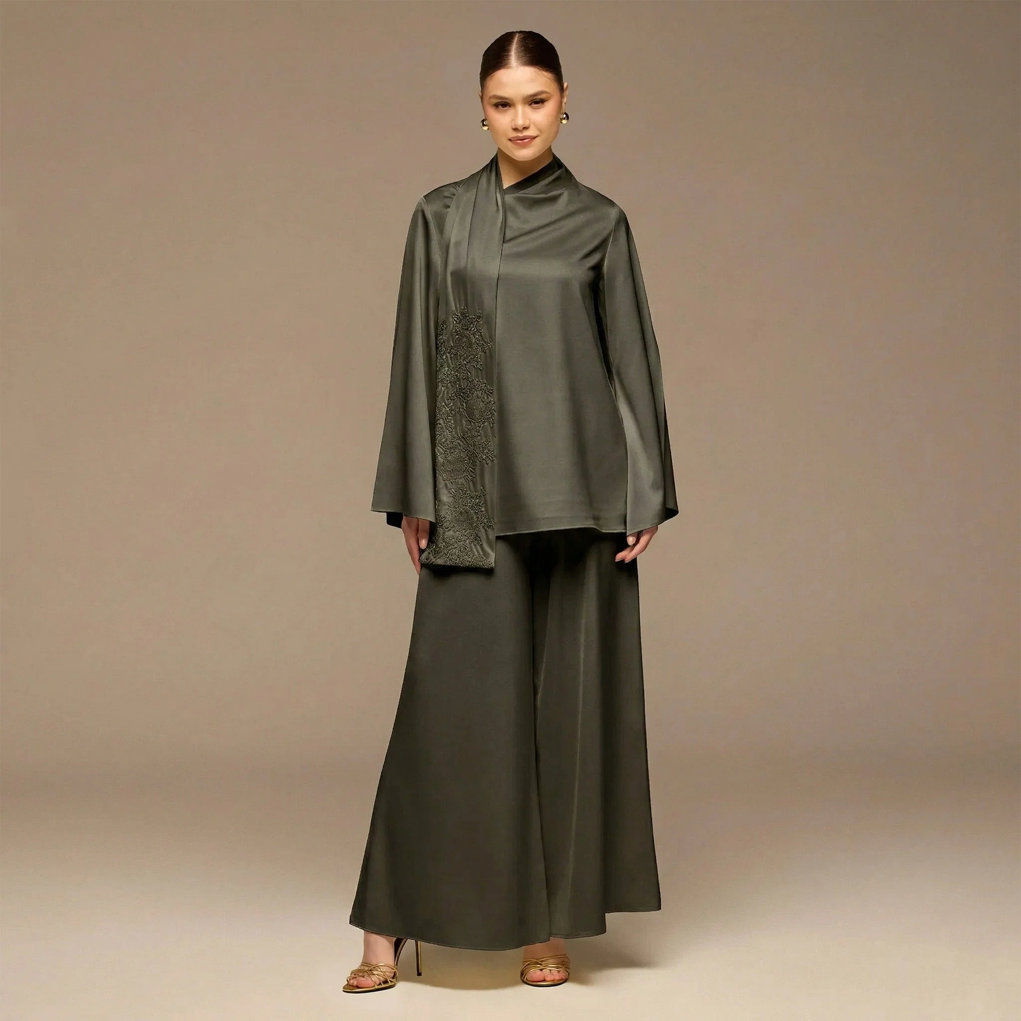 Green Wide Leg Satin Pants - Image 2