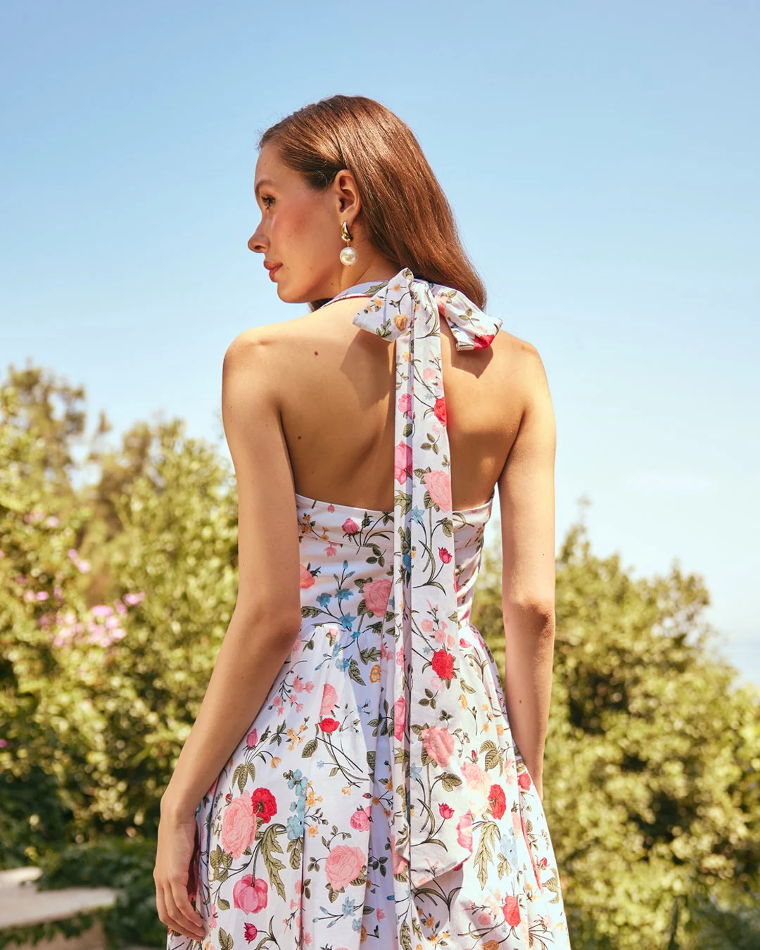 Halter Neck A-line Flowers Printed Midi Dress - Image 3