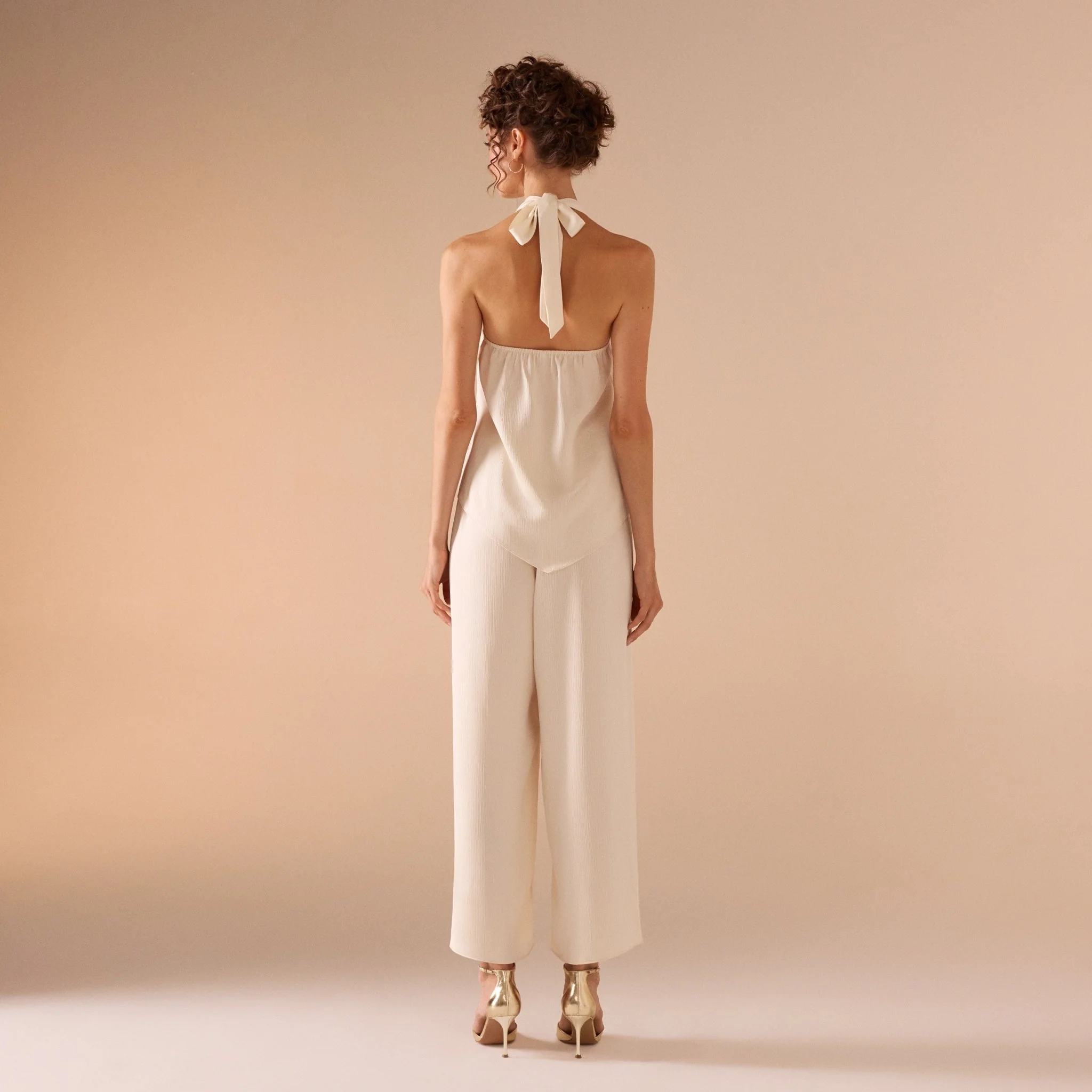Beige Crinkled Satin Halter Neck Top - Image 2