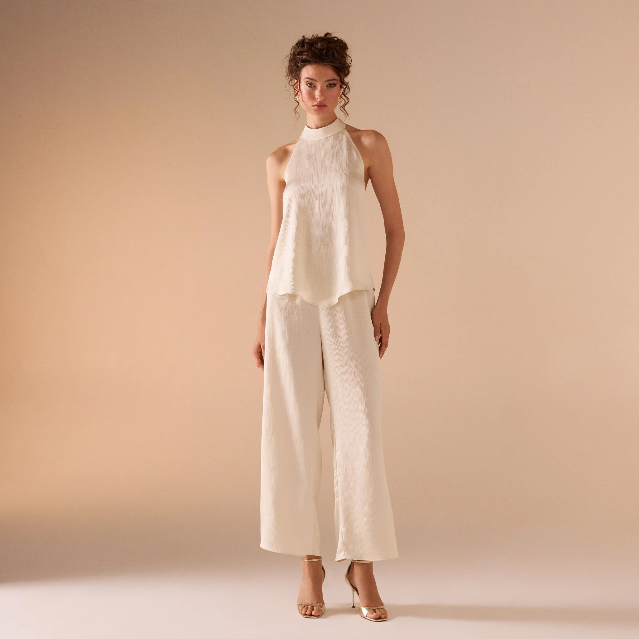 Beige Crinkled Satin Halter Neck Top - Image 3