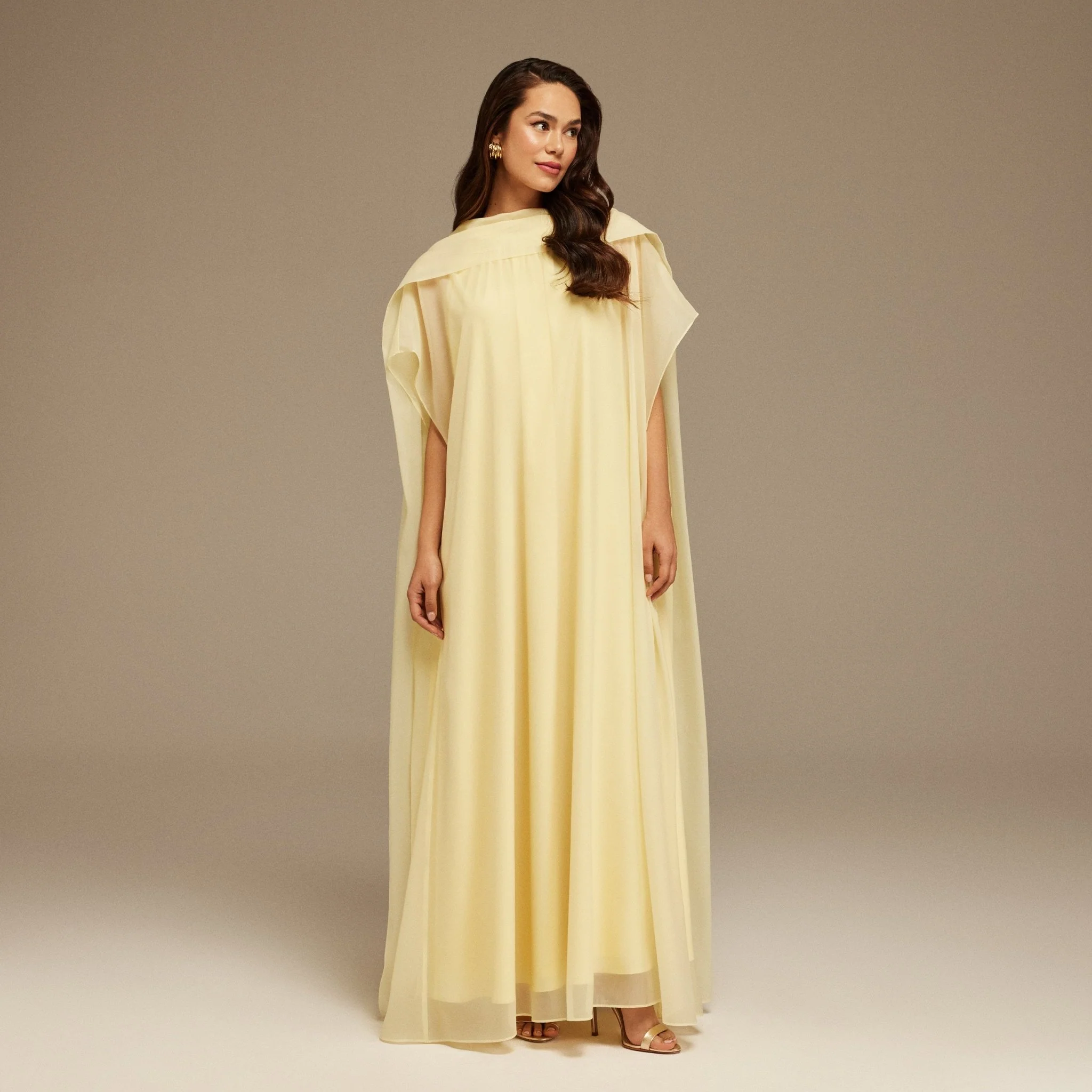 Yellow Halter Neckline Maxi Dress With Cape with scarf - Image 2
