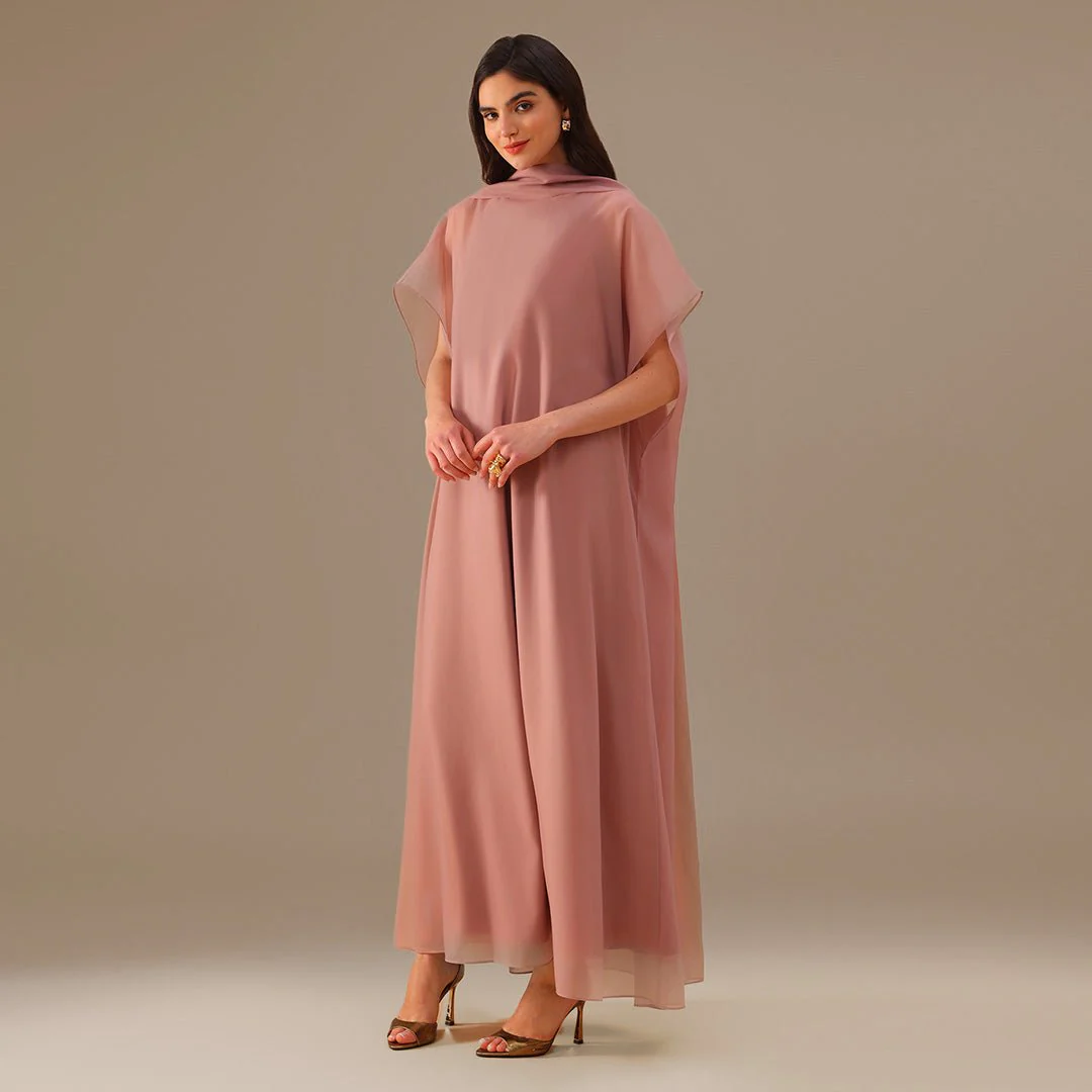 Muted Clay Halter Neckline Maxi Dress With Cape with scarf - Image 2