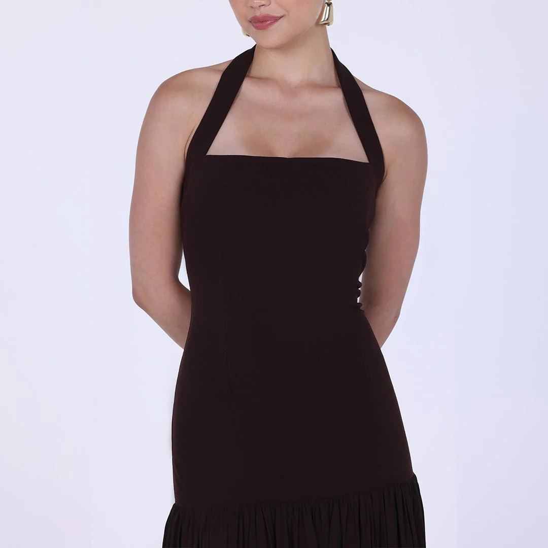 Brown Halter Straps Midi Crepe Dress - Image 3