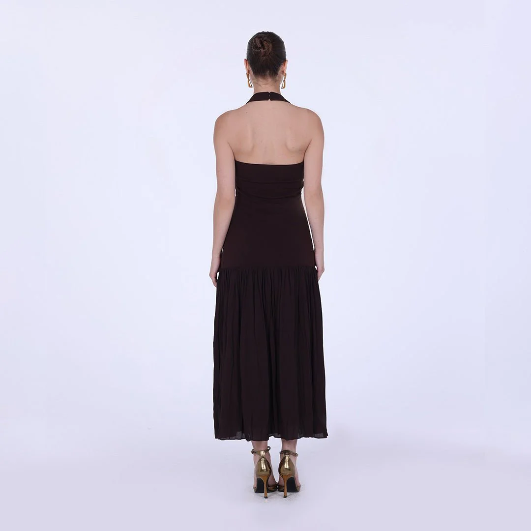 Brown Halter Straps Midi Crepe Dress - Image 4