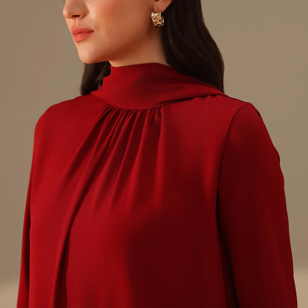 Burgundy High Neck Long Flared Sleeve Maxi Dress - Image 3