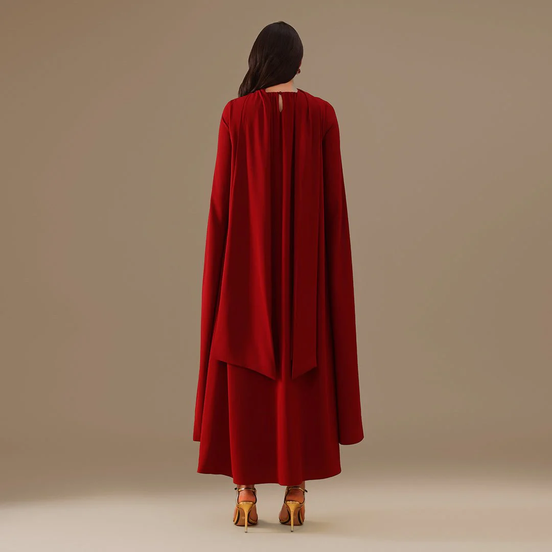 Burgundy High Neck Long Flared Sleeve Maxi Dress - Image 4